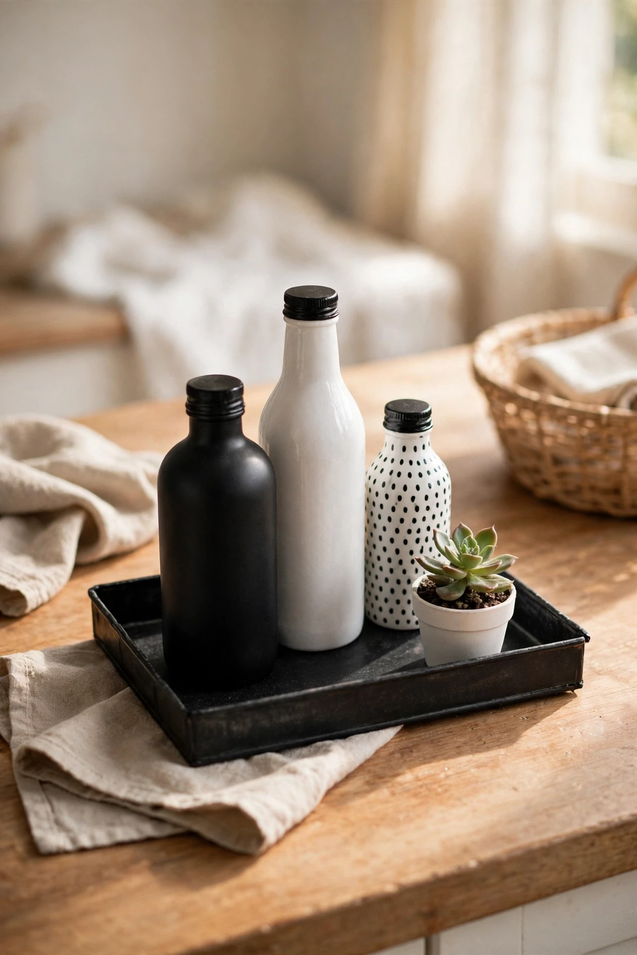 A monochrome tray holding black and white bottles and a small plant pulls the counter together into one calm, finished vignette.