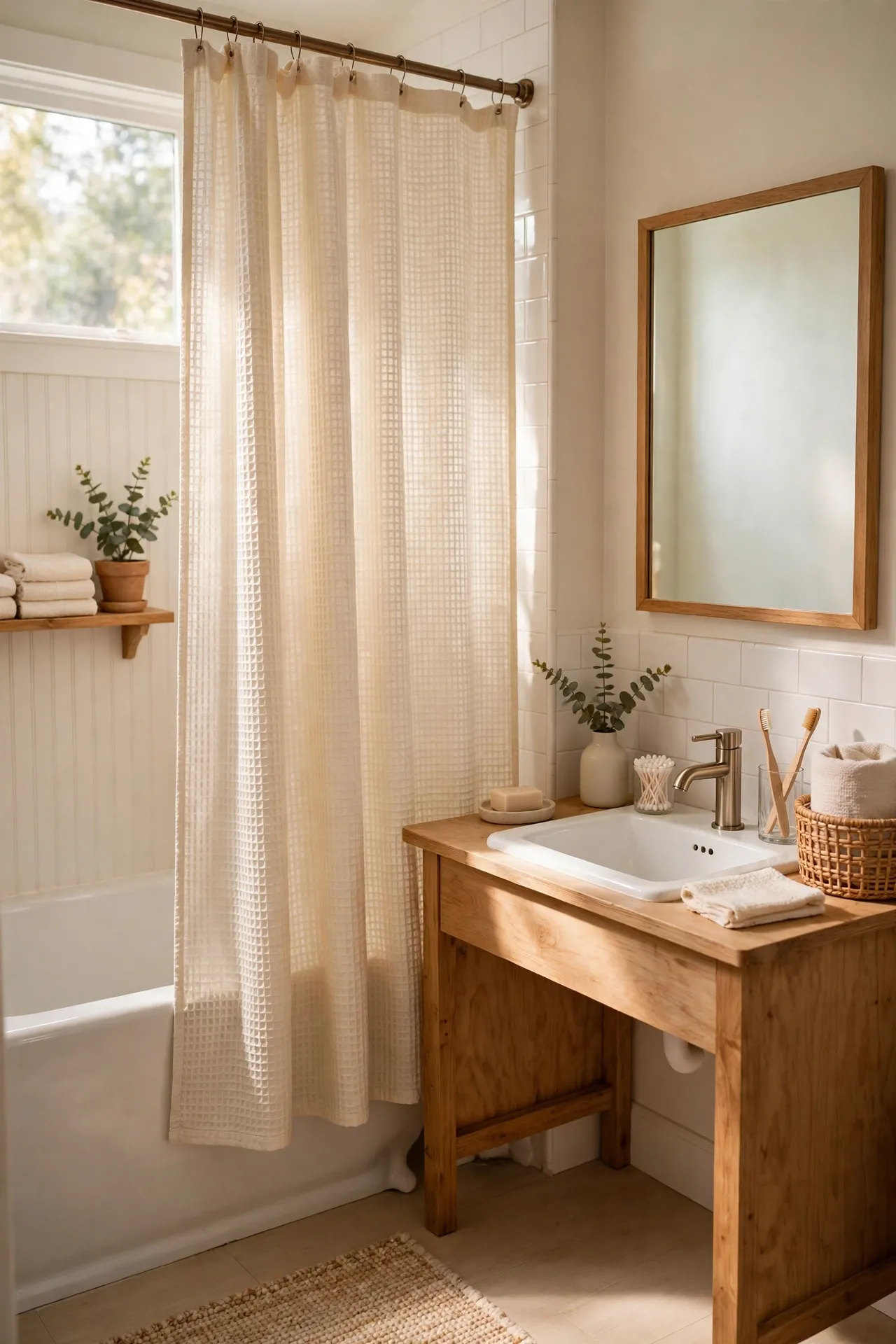 Small bathroom with a cream waffle-weave shower curtain hung high above a white tub