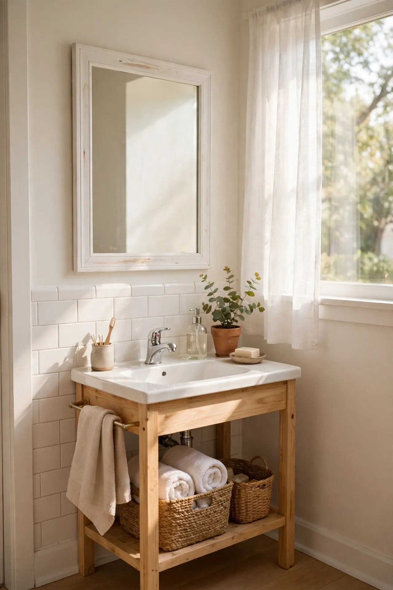 Bathroom mirror framed with slim painted pine trim above a small vanity sink