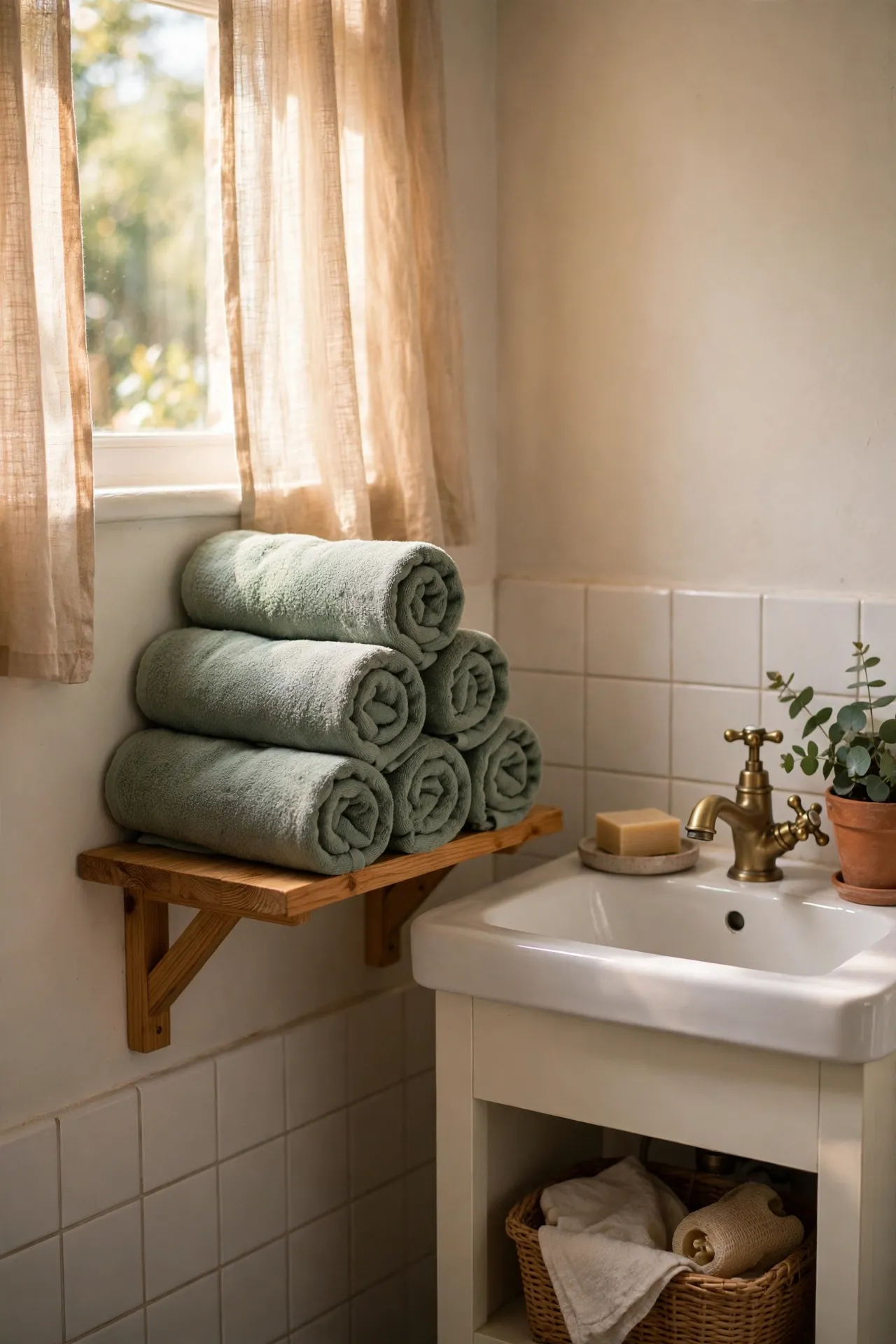 Neatly rolled towels all in one dusty green colour on a small bathroom shelf