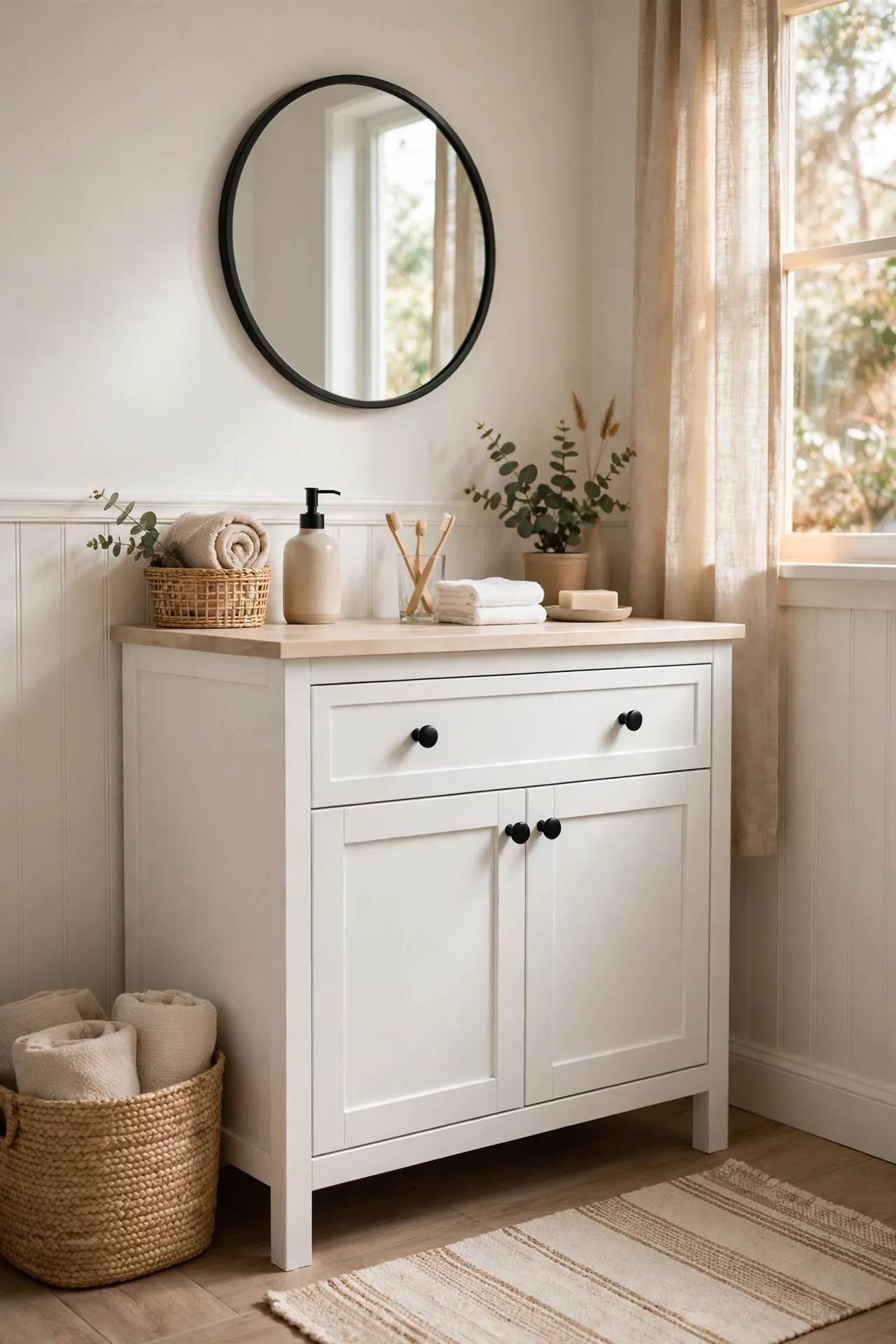 White bathroom vanity with new matte black knobs on drawers and cabinet doors
