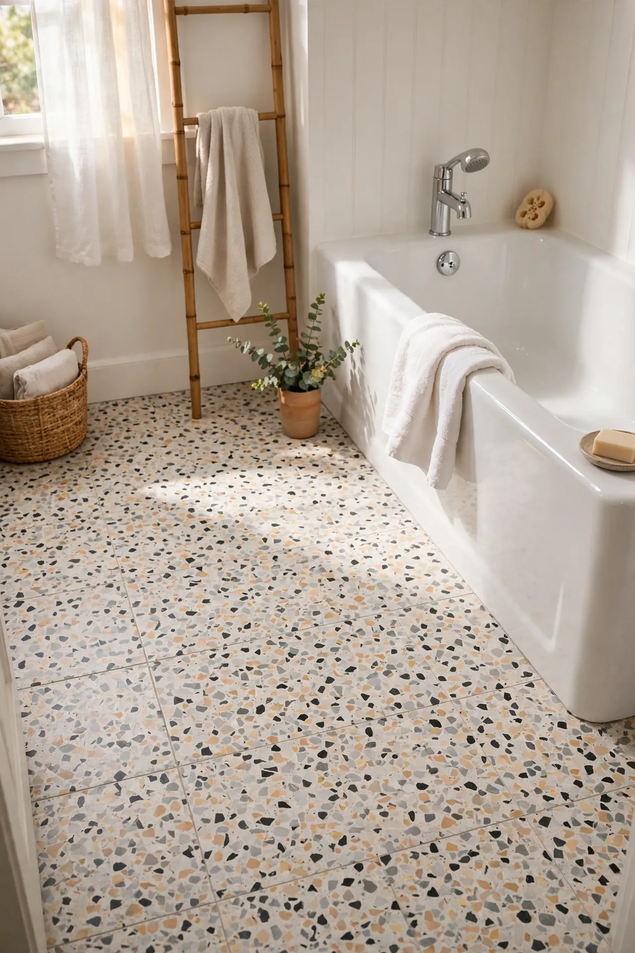 Small bathroom floor covered in terrazzo-look peel-and-stick tiles beside a white tub
