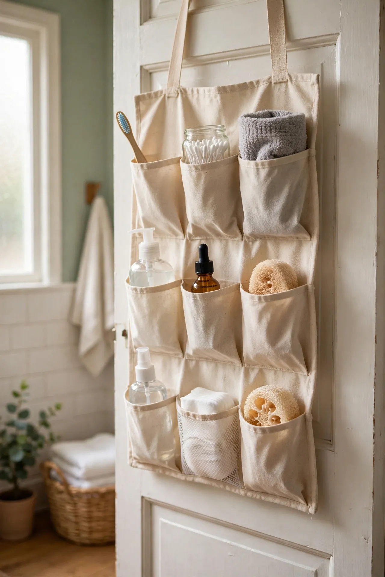 Fabric over-the-door organizer with pockets holding bathroom supplies on the inside of a bathroom door