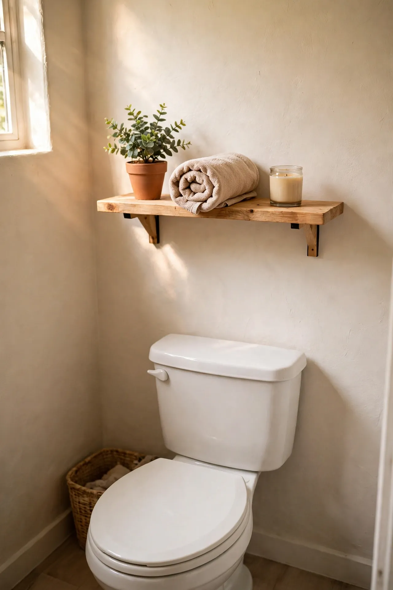 Single wooden floating shelf above a toilet styled with a small plant, rolled towel and candle