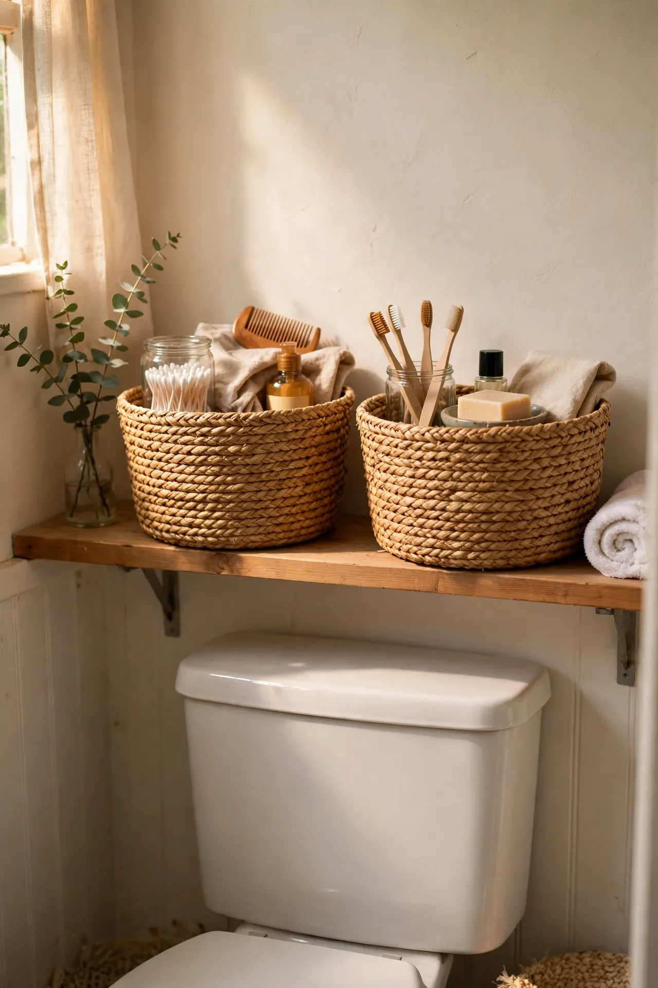 Two matching seagrass baskets holding toiletries on a bathroom shelf above the toilet
