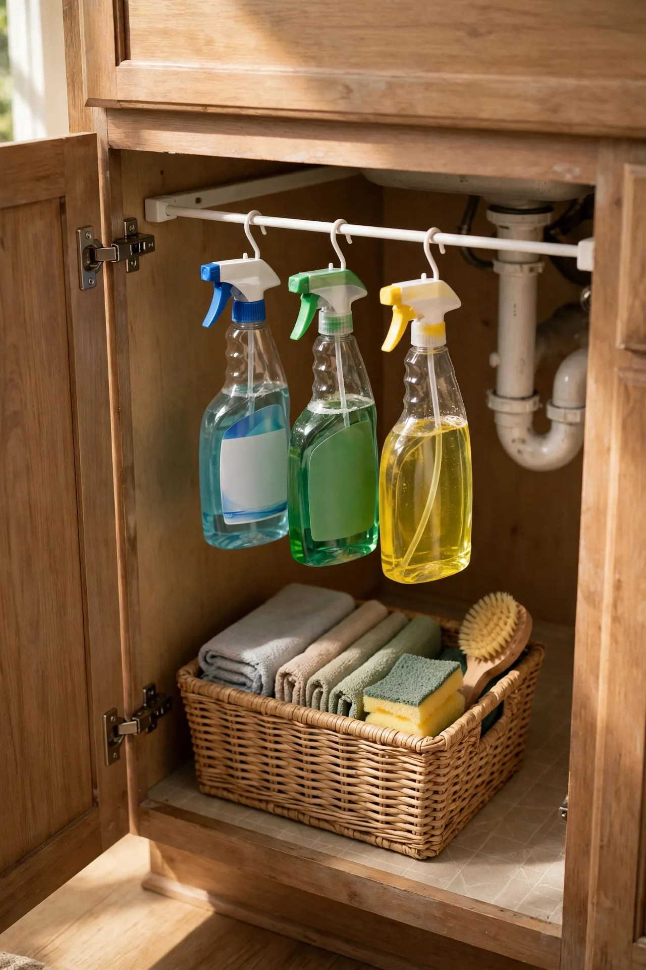 Open under-sink cabinet with a tension rod holding spray bottles above a tidy storage basket