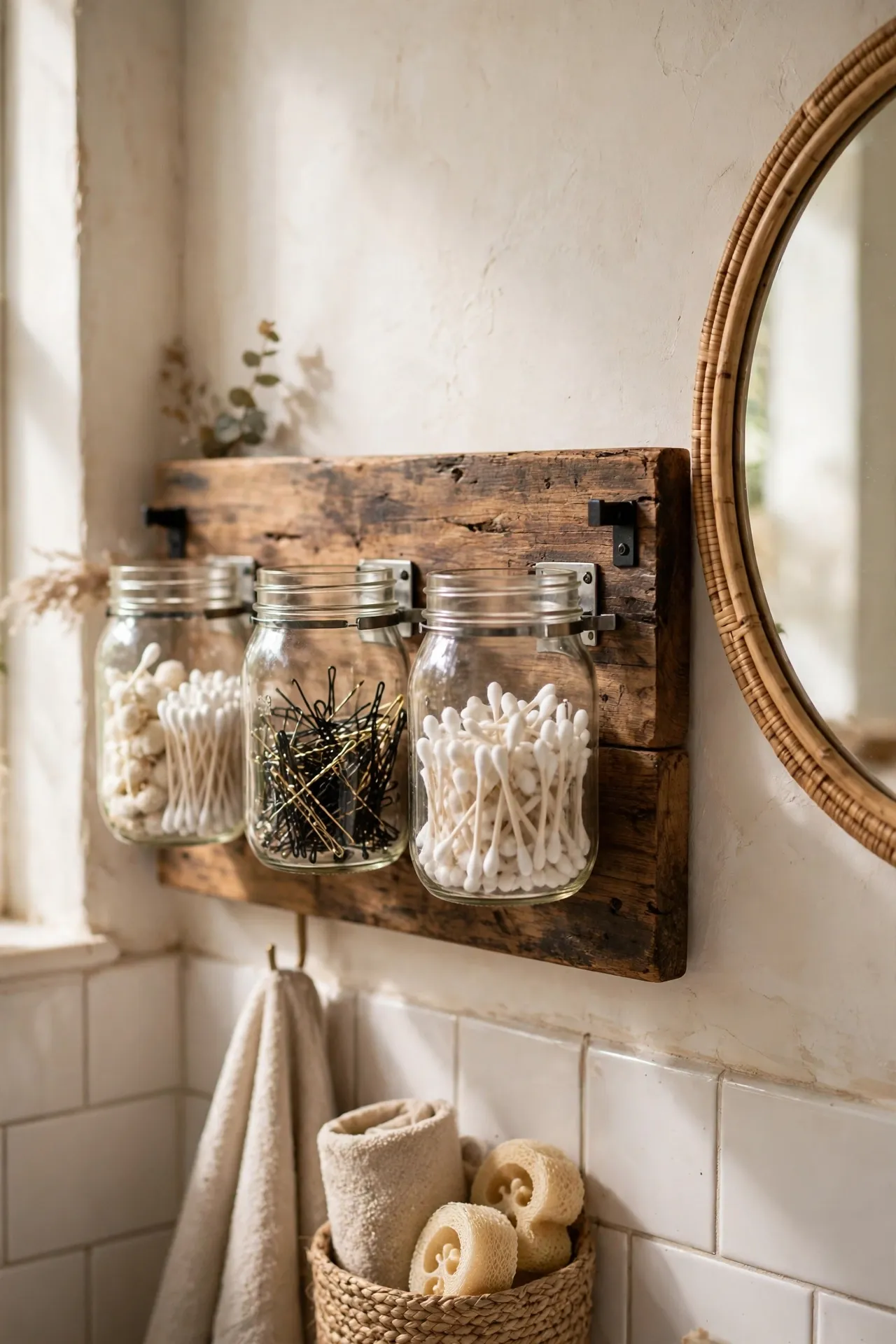 Stained wooden board on a bathroom wall holding three mason jars filled with cotton buds and hairpins