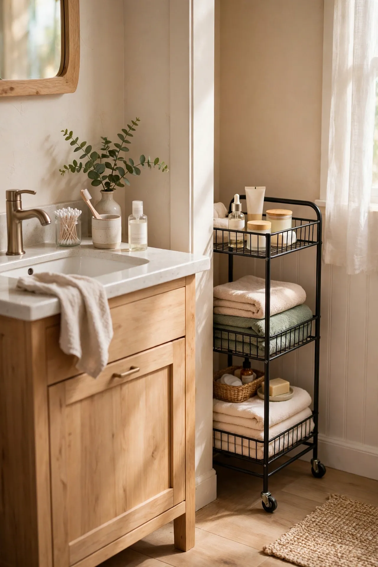 Slim three-tier rolling cart tucked into the narrow gap beside a bathroom vanity