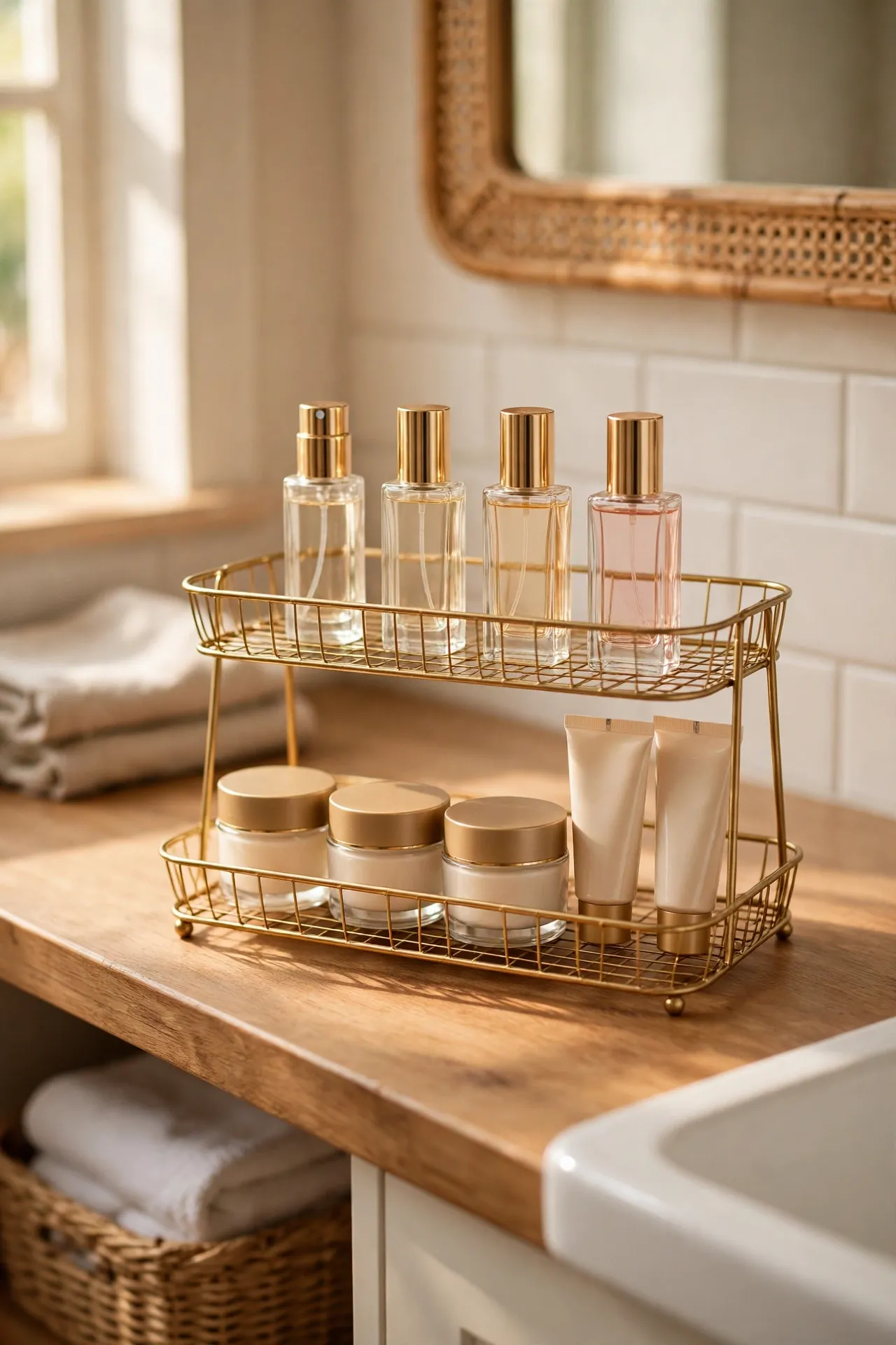 Two-tier tray on a bathroom vanity holding perfumes, skincare and hand cream in neat rows