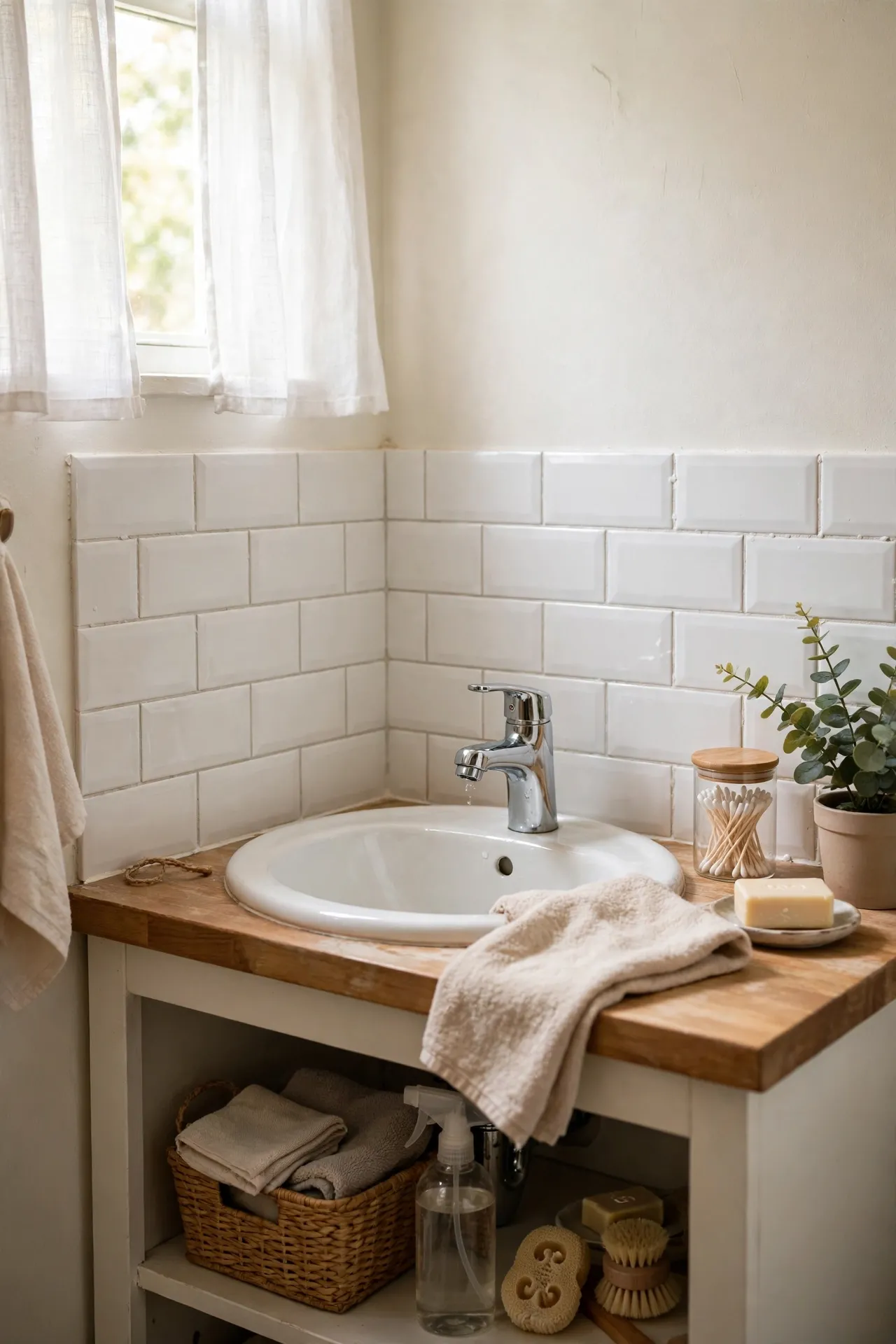 Small bathroom sink with a white subway peel-and-stick backsplash and a chrome tap