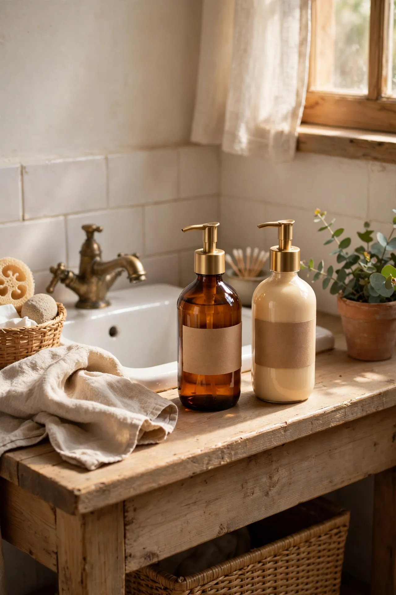Matching amber glass soap and lotion bottles with simple labels on a small bathroom sink