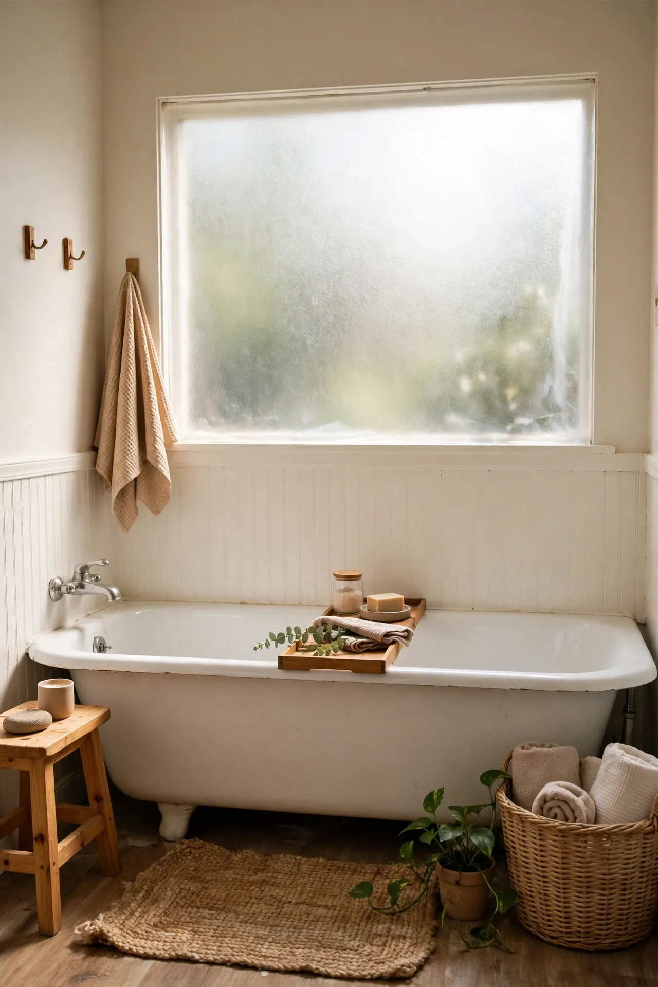 Bathroom window covered in frosted privacy film letting in soft daylight above a bathtub