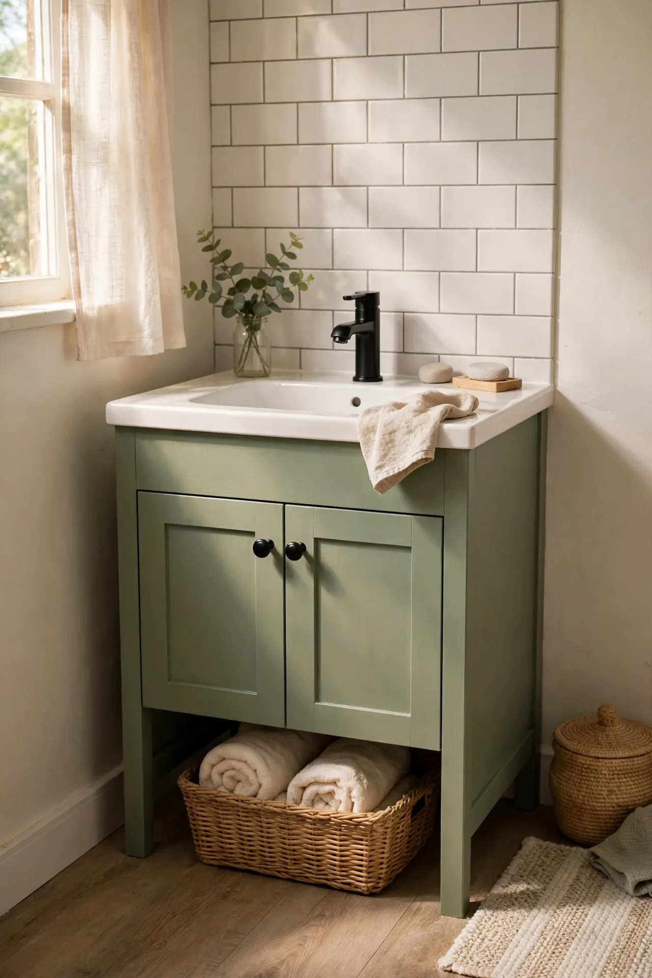 Small bathroom vanity freshly painted sage green with new black knobs and a white sink