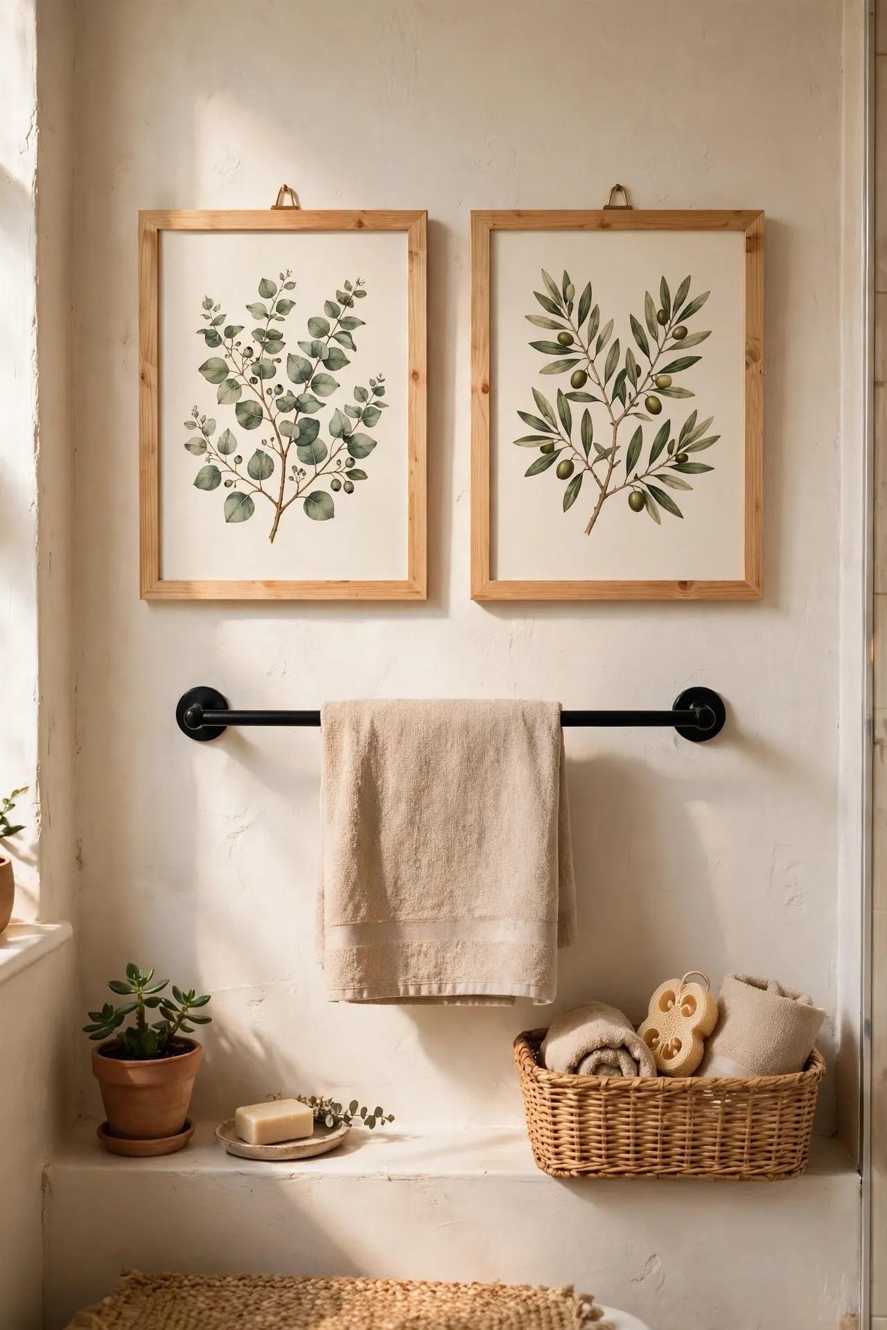 Two matching framed botanical art prints hung as a pair on a small bathroom wall