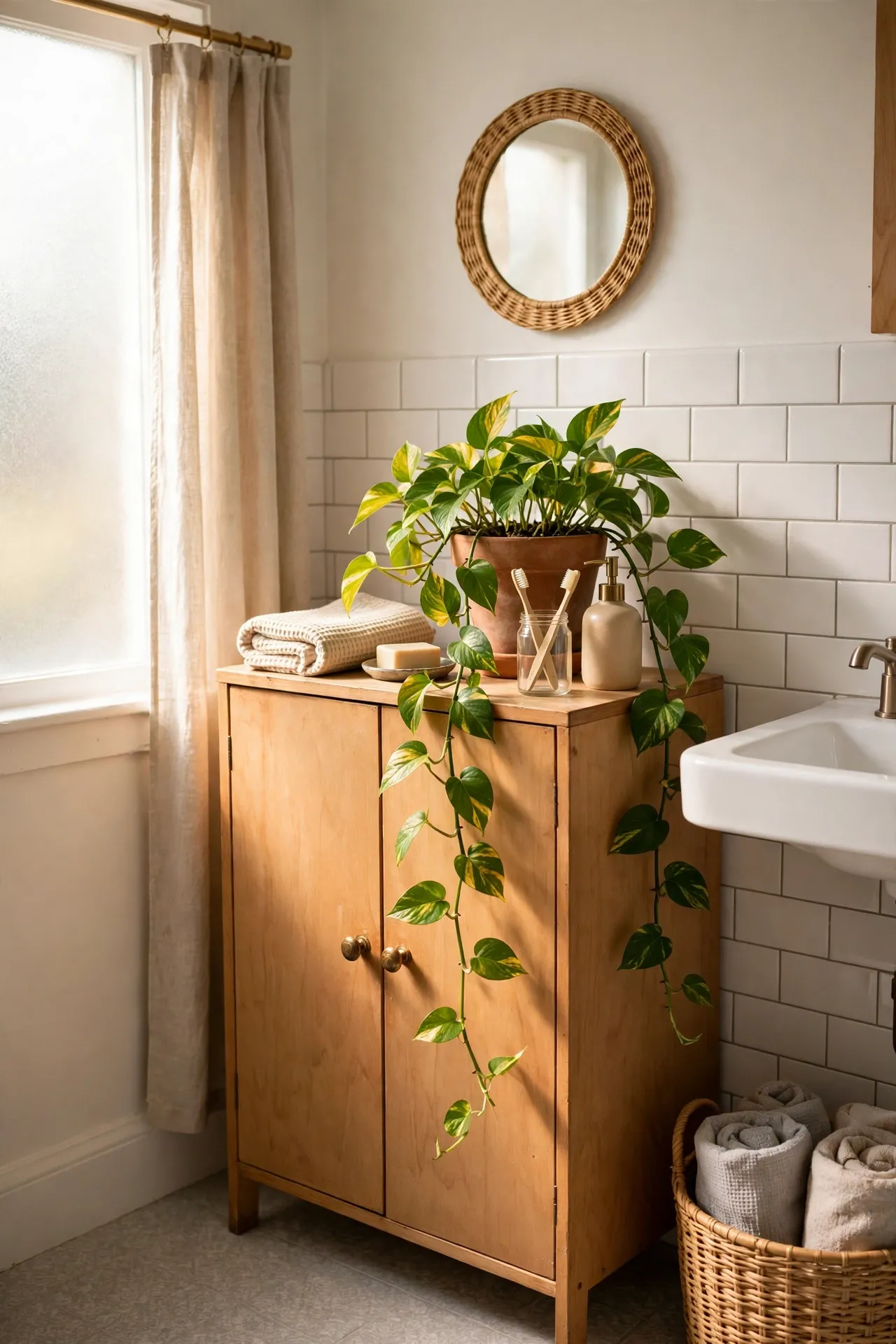 Trailing pothos plant in a pot on top of a bathroom cabinet in a bright small bathroom