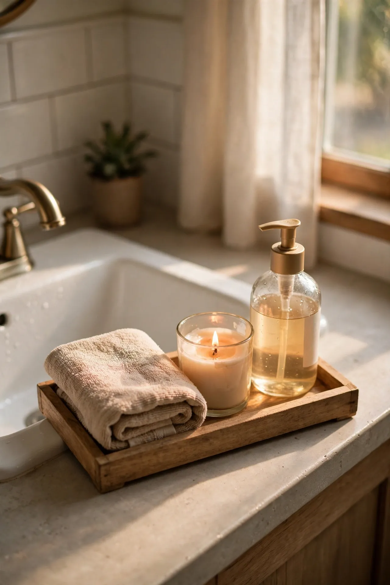Small wooden tray by a bathroom sink holding a folded towel, a candle and hand soap