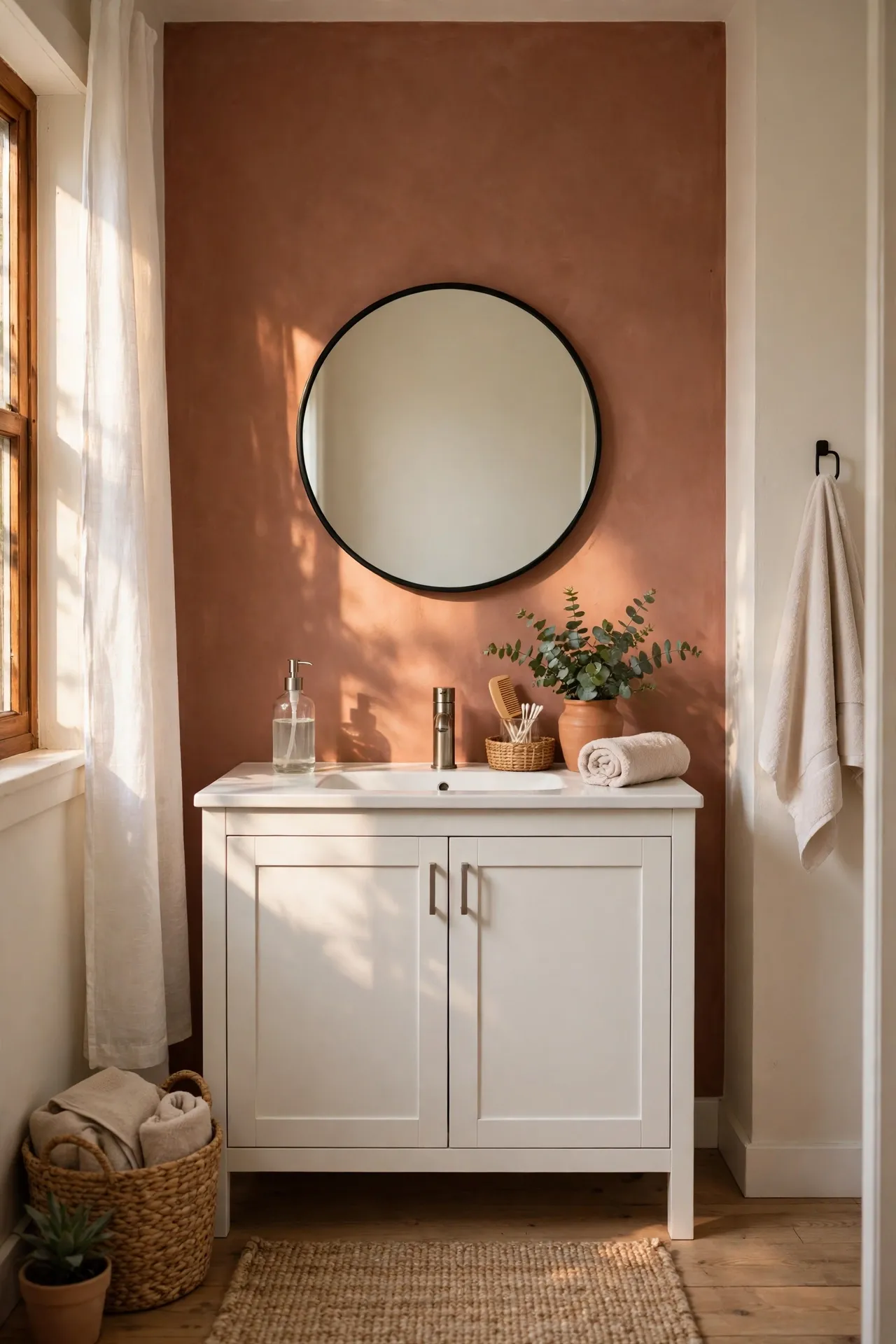 Bathroom with one muted terracotta accent wall behind a mirror and white vanity
