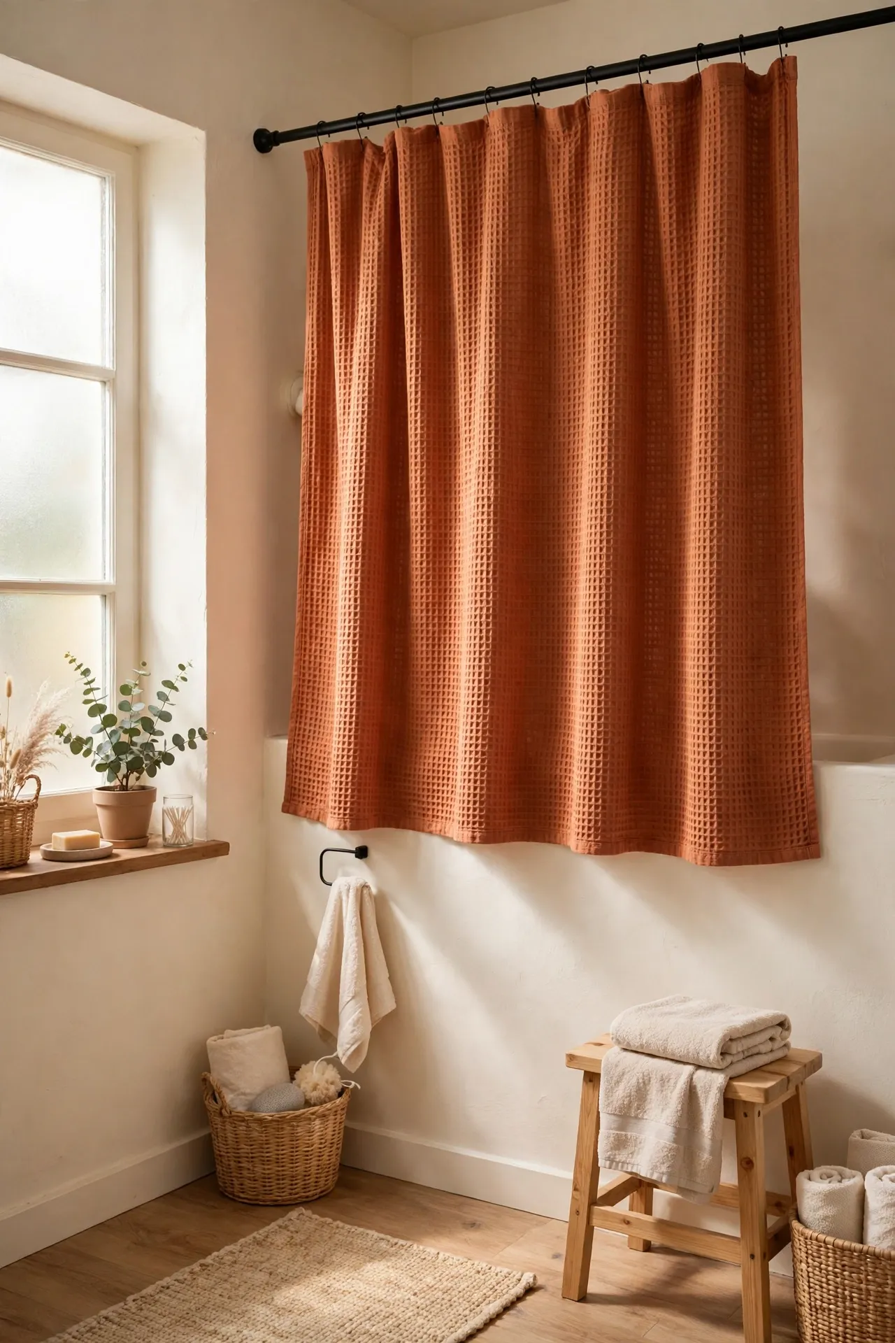 Terracotta waffle-weave shower curtain hung high in a bright bathroom with cream walls