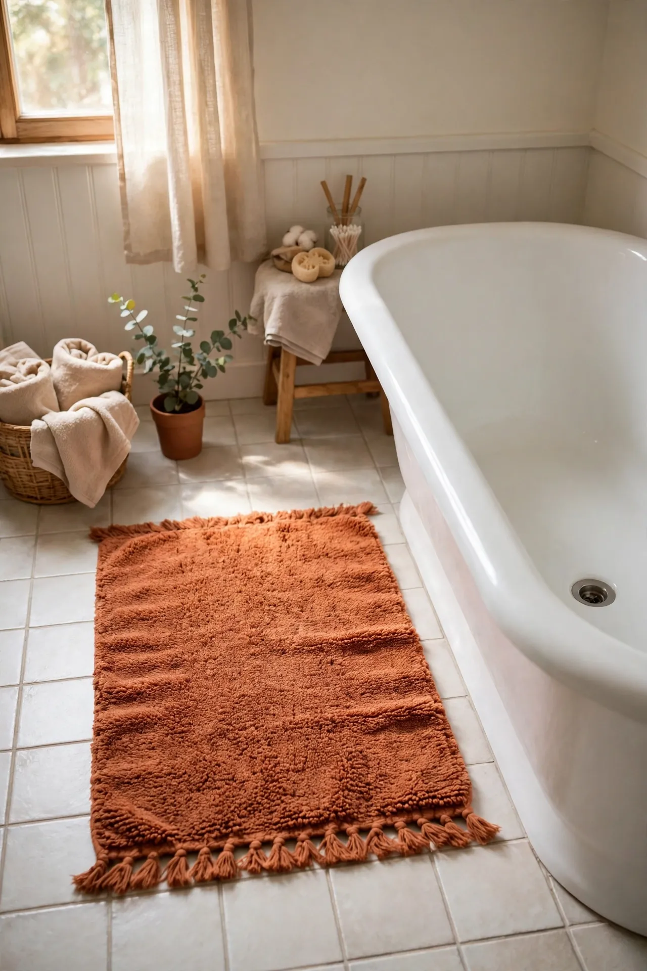 Thick terracotta cotton bath mat on a pale tiled bathroom floor beside a white tub