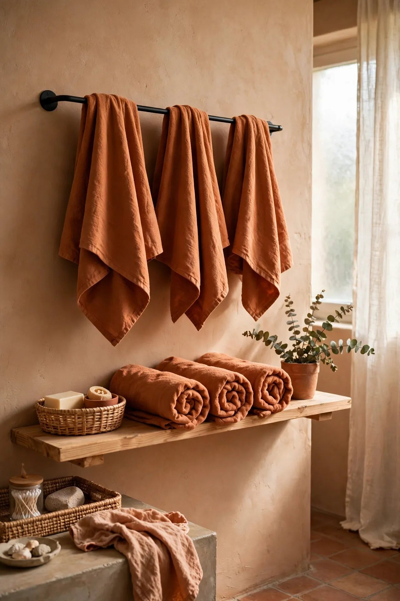 Terracotta towels hung on a rail and rolled on a shelf in a warm-toned bathroom