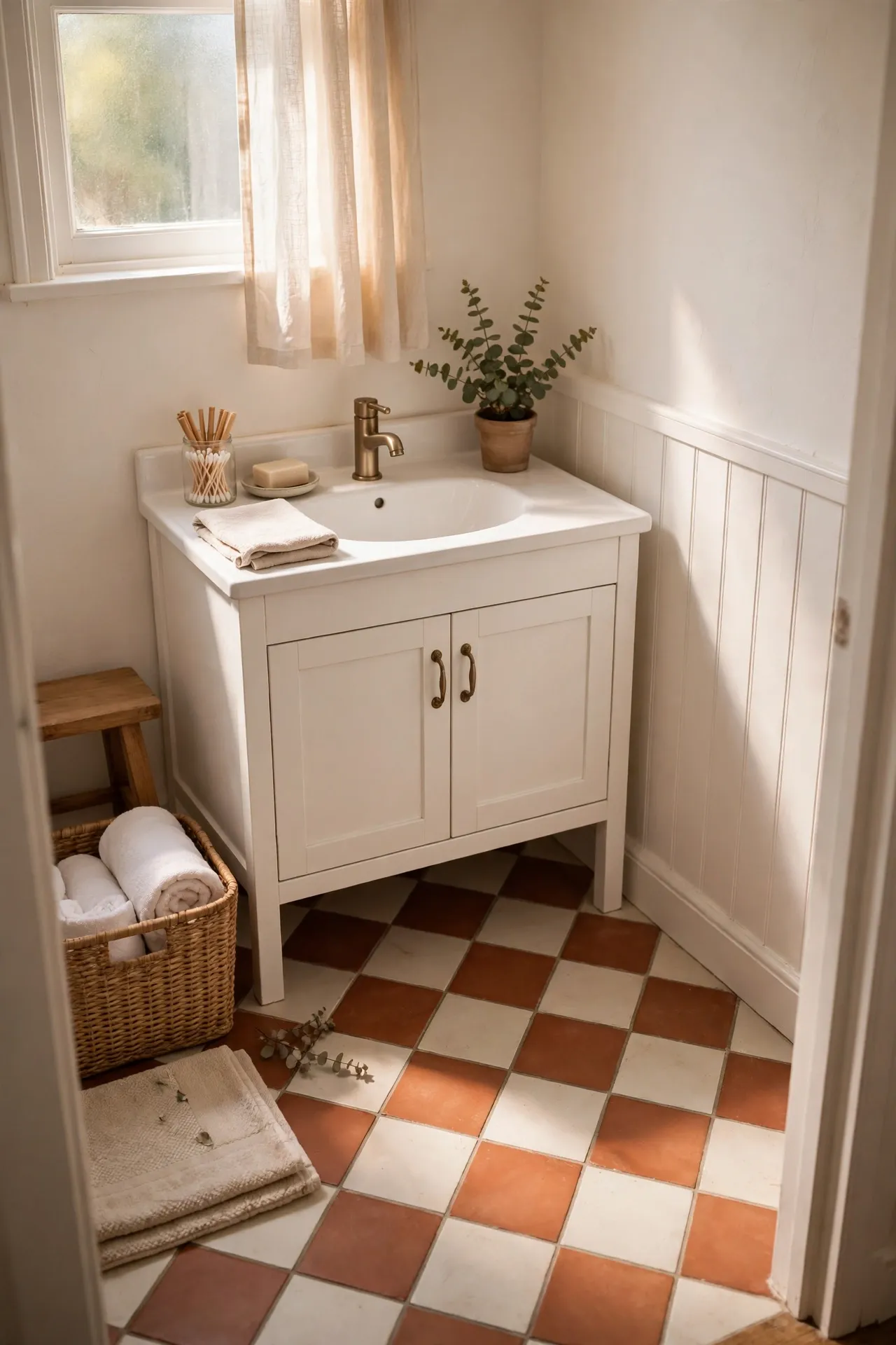 Small bathroom floor with terracotta checkerboard peel-and-stick tiles and a white vanity
