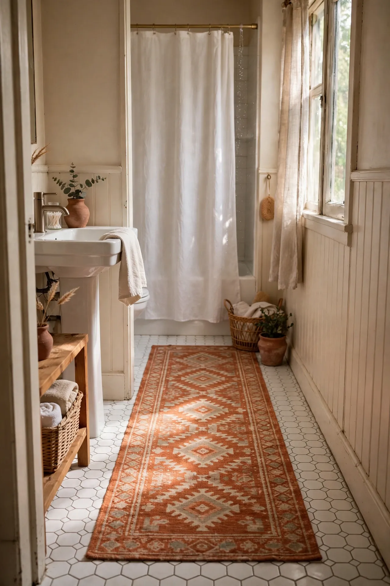 Terracotta patterned cotton rug runner laid along a narrow bathroom floor