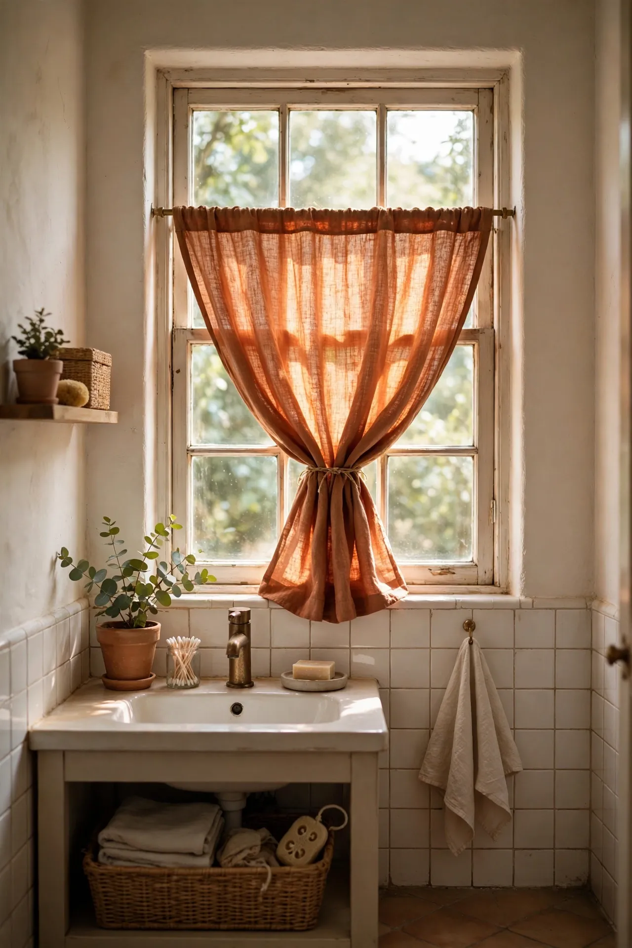 Bathroom window with a terracotta linen cafe curtain glowing in soft daylight
