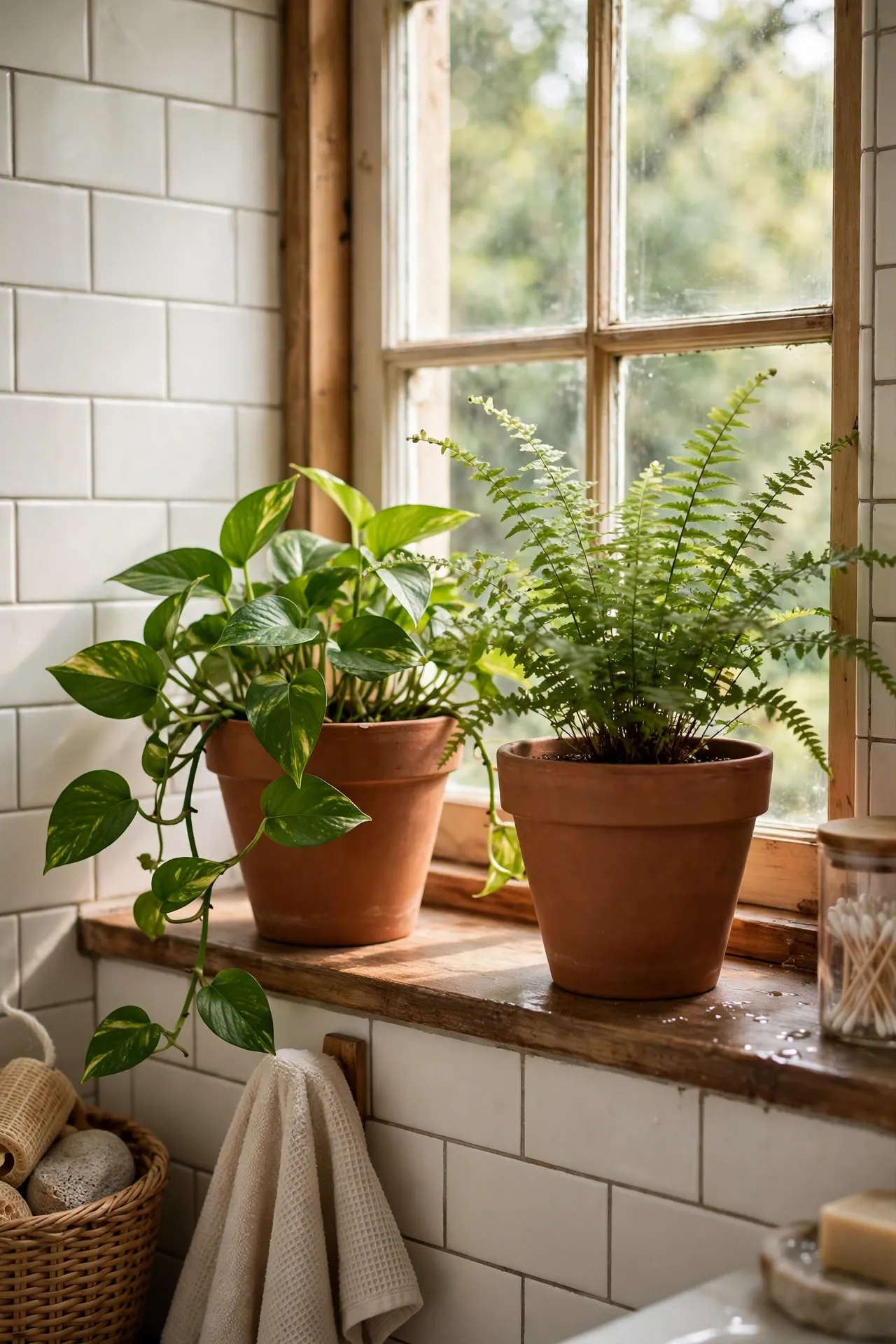 Pothos and fern plants in classic unglazed terracotta pots on a bathroom windowsill