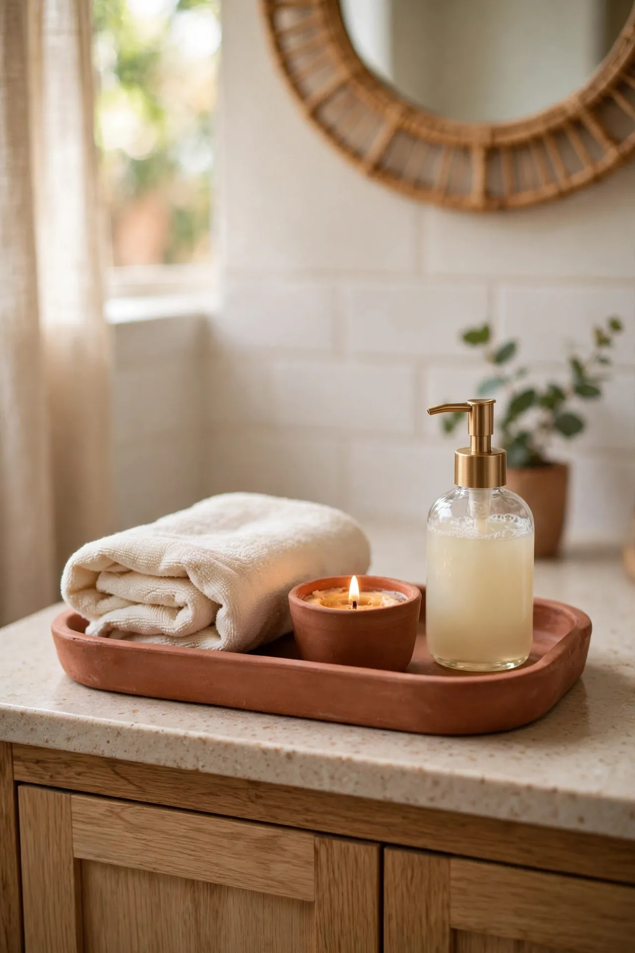 Terracotta tray on a bathroom vanity holding a cream towel, candle and hand soap