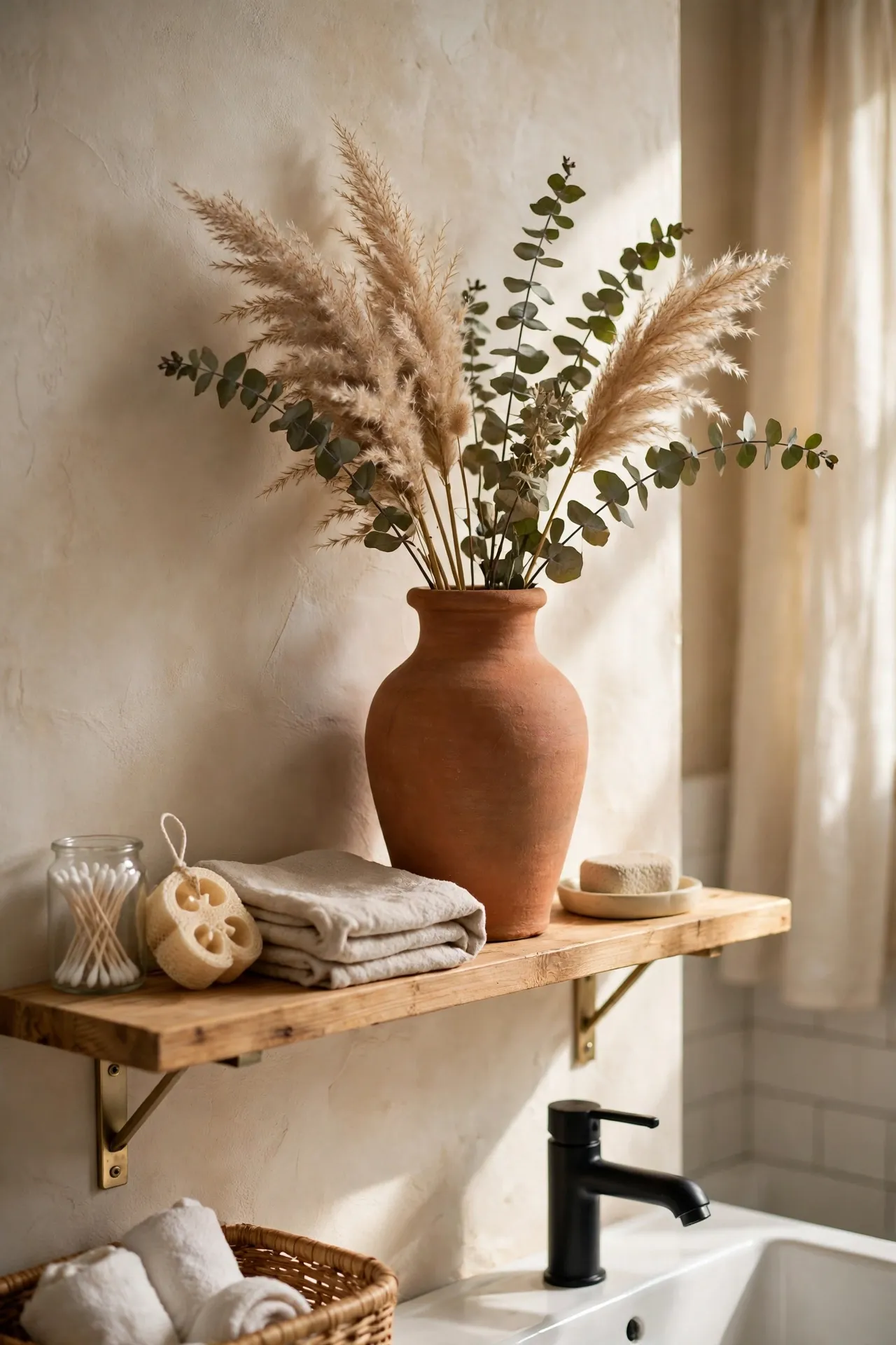 Tall terracotta vase with dried pampas and eucalyptus stems on a bathroom shelf