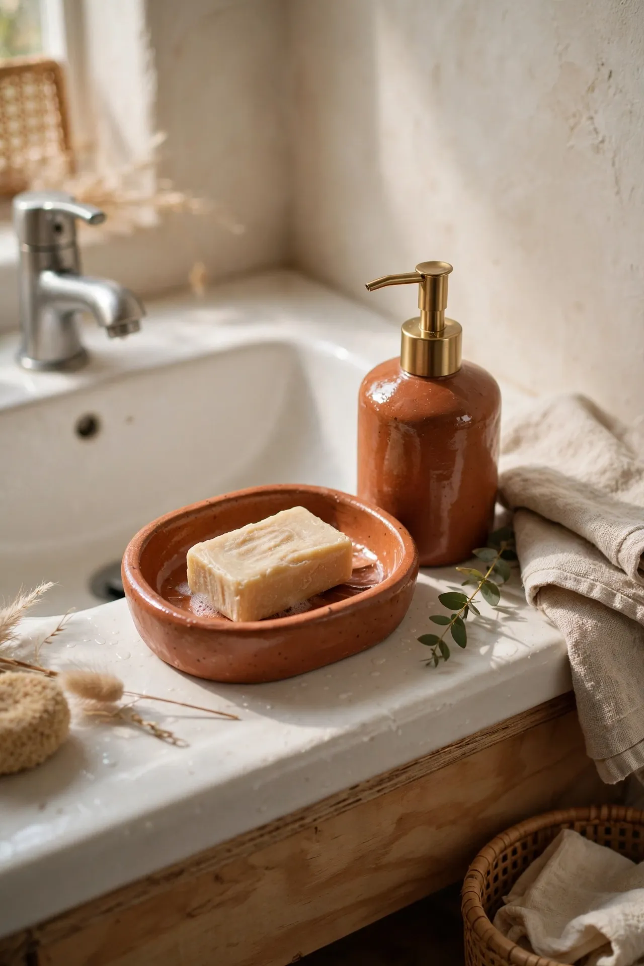 Terracotta glazed soap dish and lotion dispenser set grouped on a bathroom sink