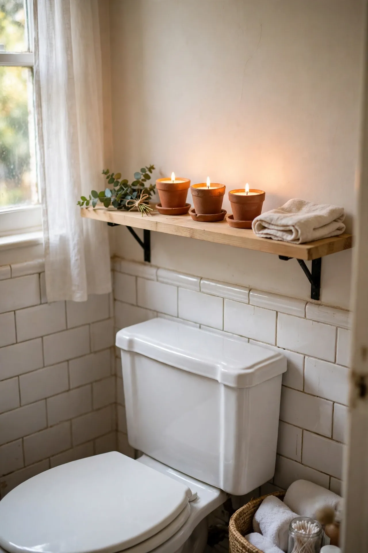 Small terracotta candle holders with lit candles on a bathroom shelf above the toilet