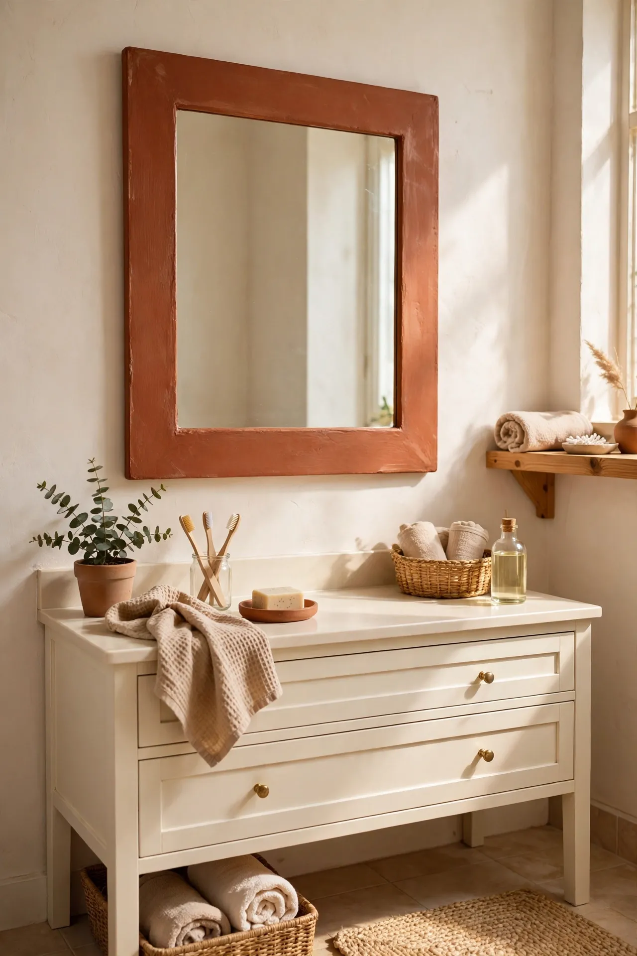 Bathroom mirror with a terracotta painted frame above a cream vanity
