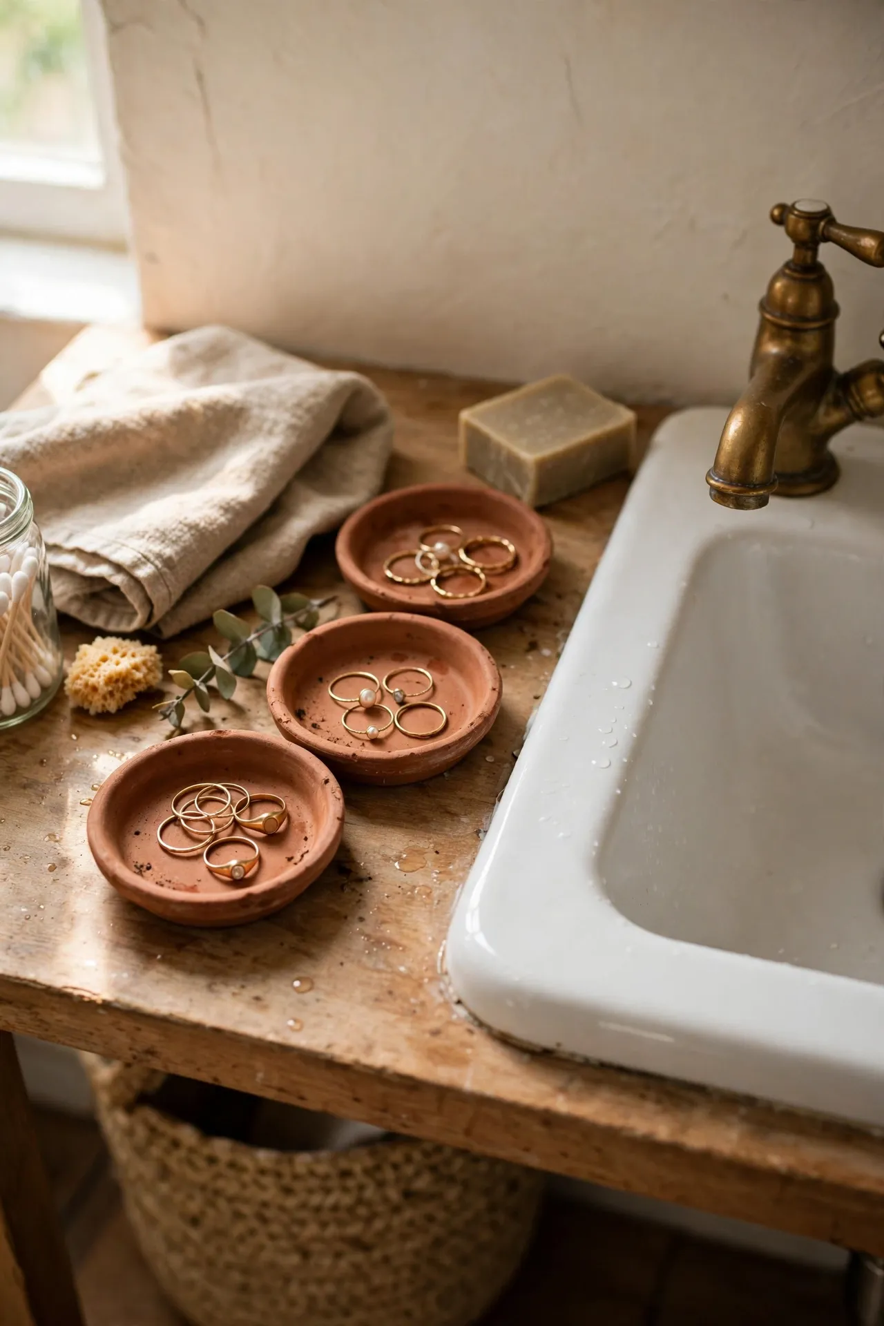 Small terracotta plant saucers used as trinket dishes for rings beside a bathroom sink
