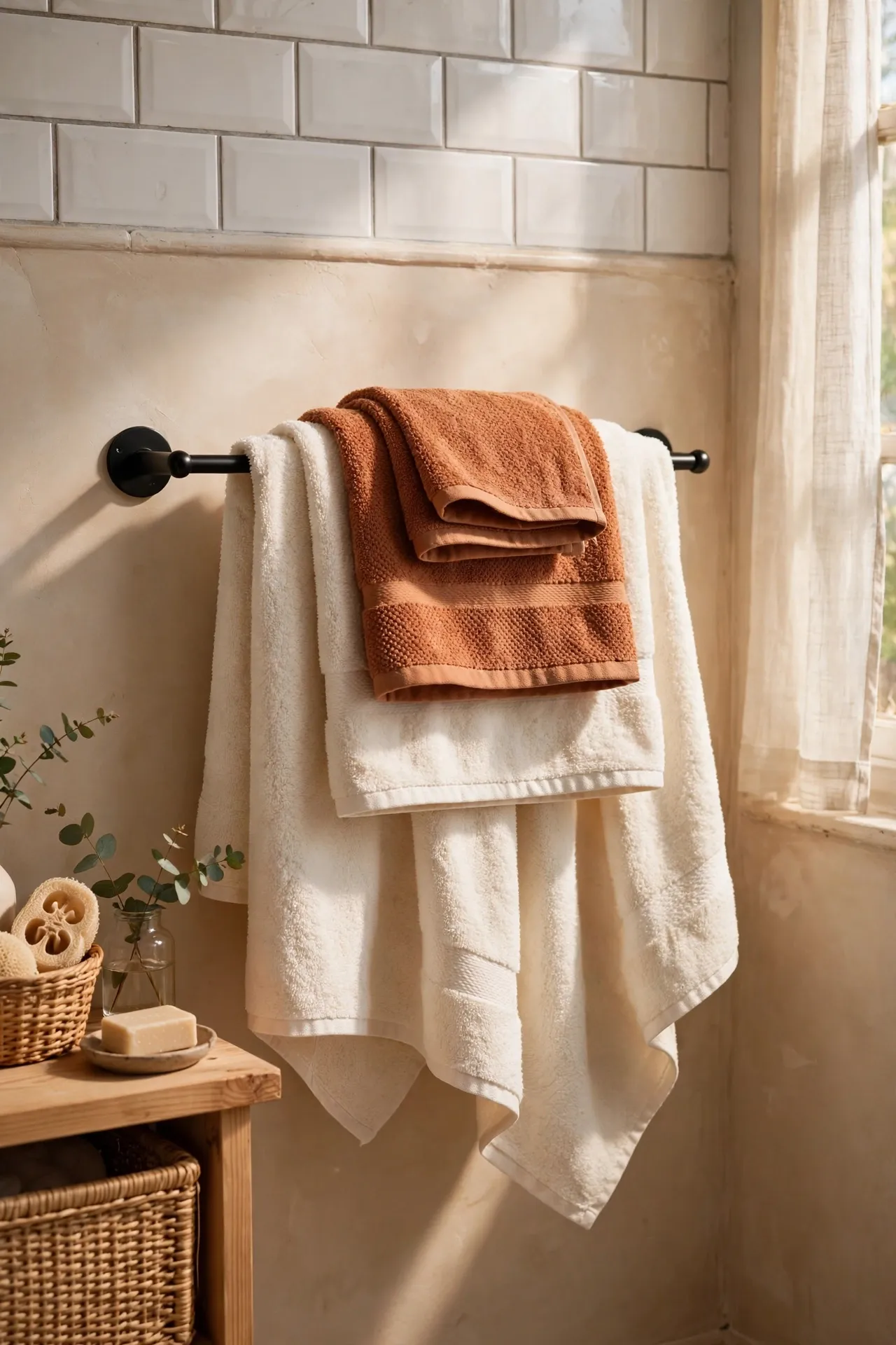 Cream bath towel layered with a terracotta hand towel on a bathroom towel rail