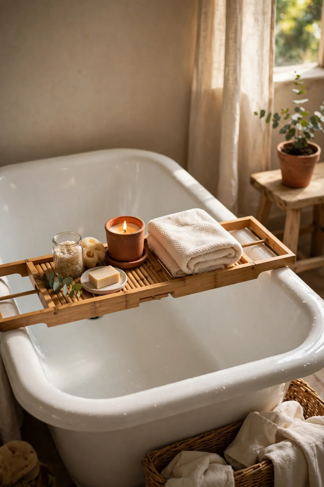 Bamboo bath caddy across a bathtub styled with a terracotta candle holder and cream towel