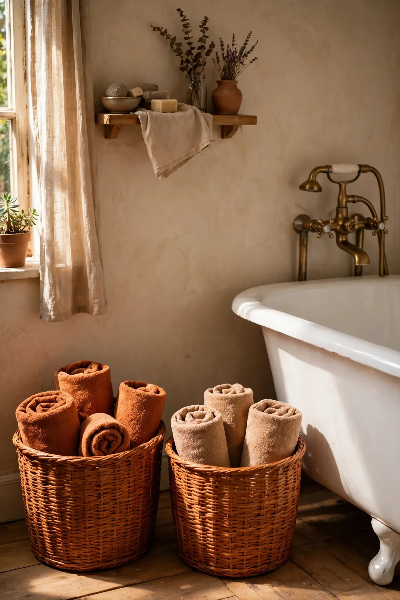 Warm rust-toned woven baskets holding rolled towels beside a bathtub