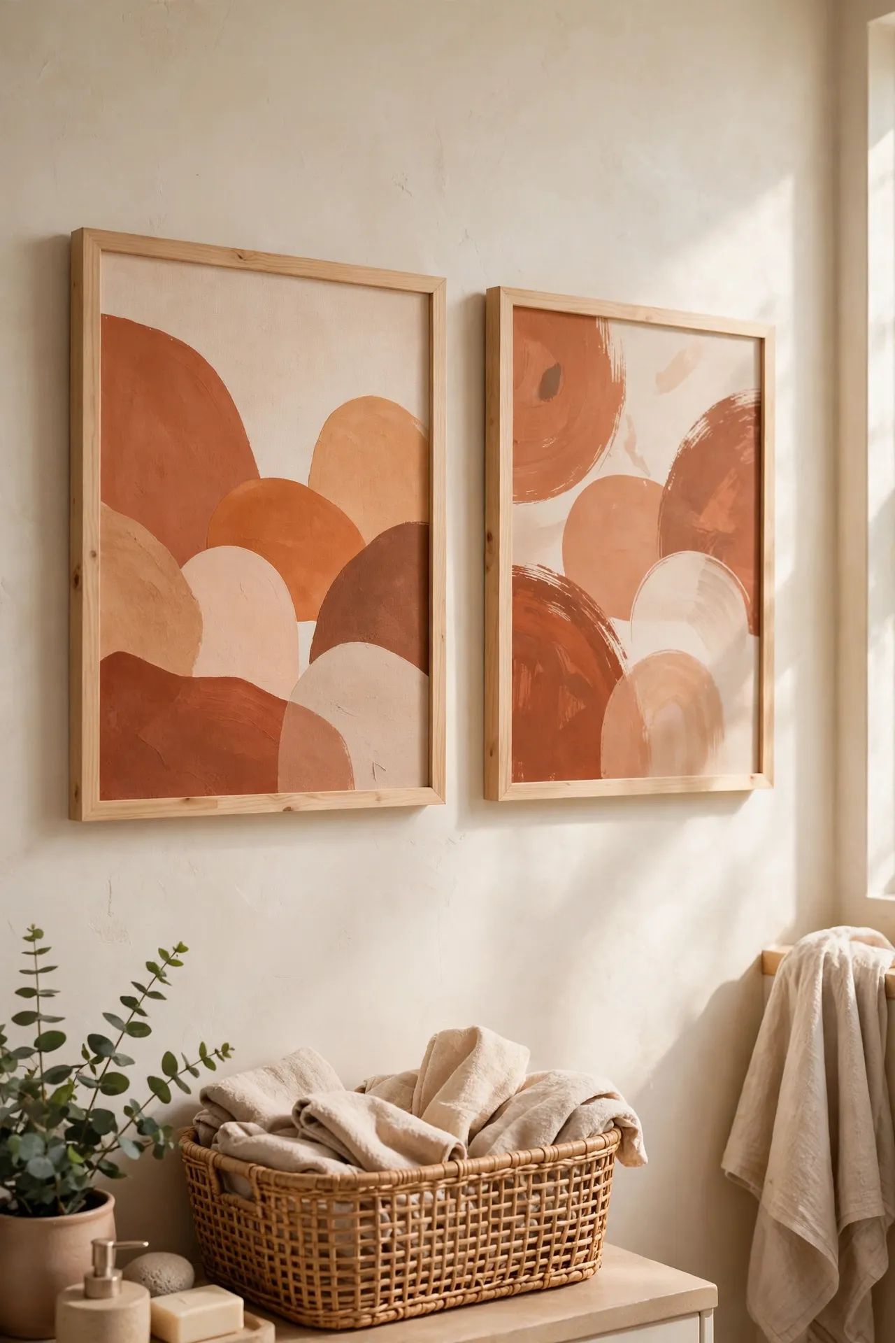 Two terracotta-toned abstract art prints in light wood frames on a bathroom wall