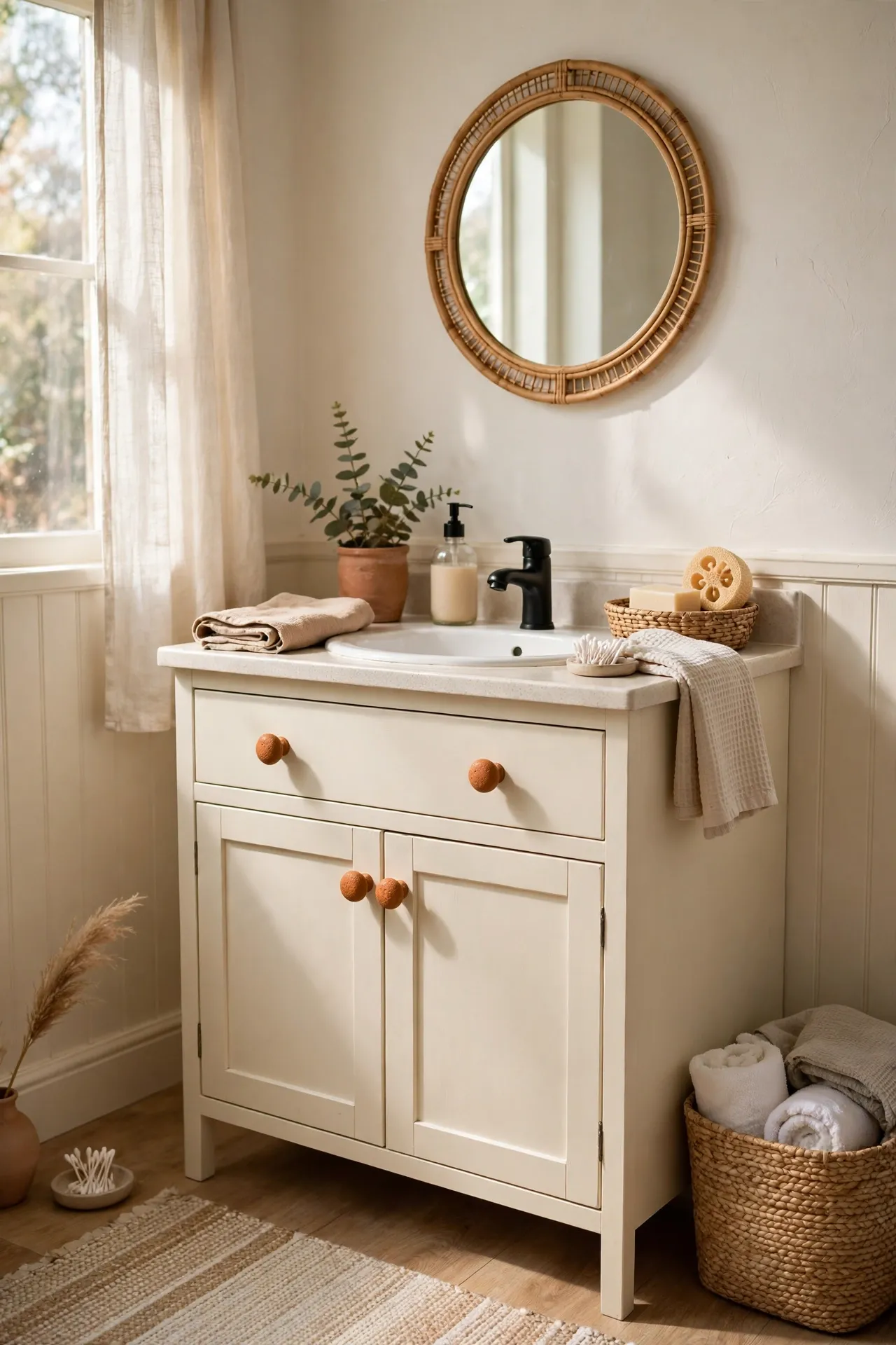 Cream bathroom vanity with warm clay ceramic knobs on drawers and doors