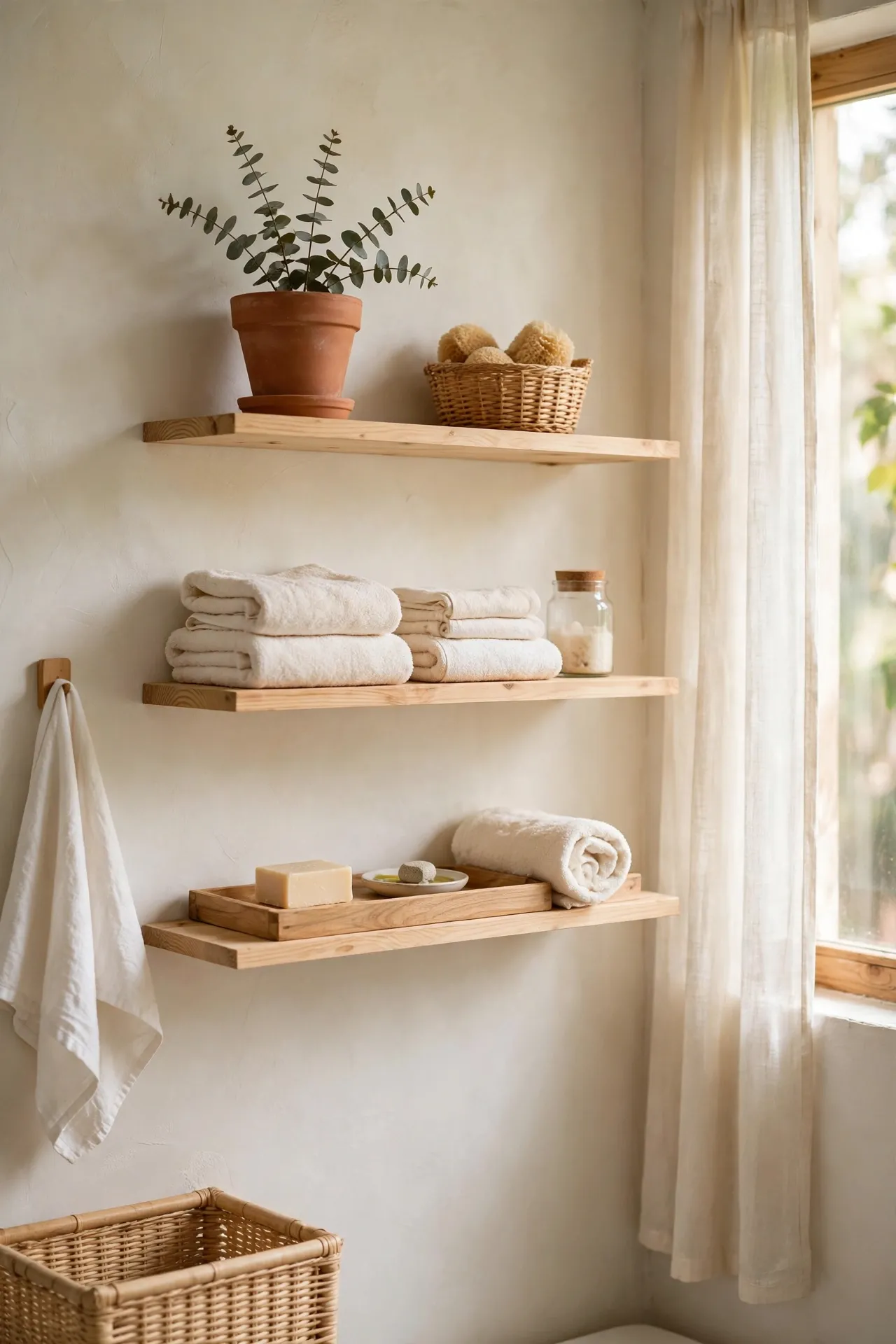 Open bathroom shelves styled with a terracotta pot, cream towels and a wooden tray