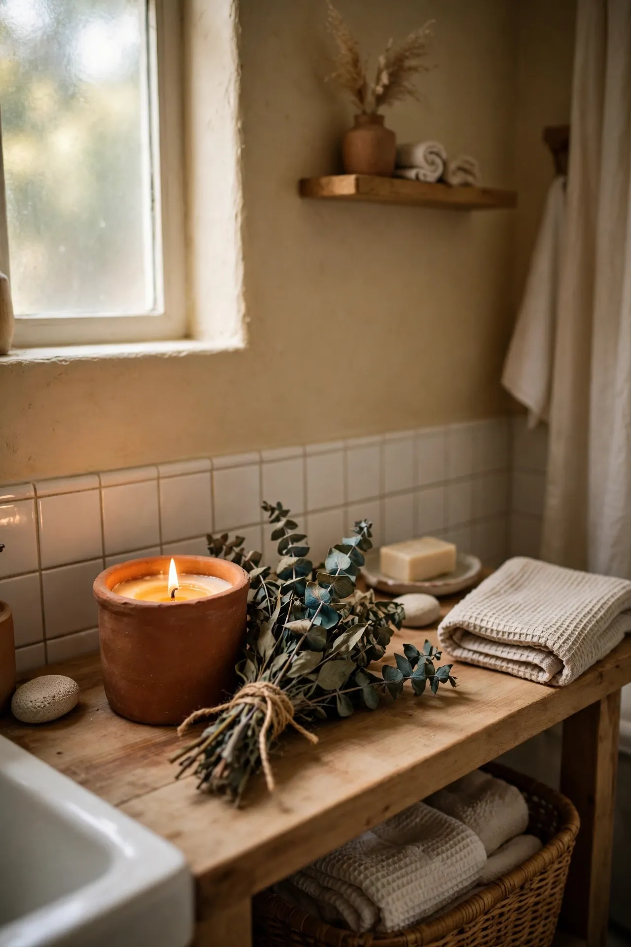 Terracotta candle holder with a cedar candle and dried eucalyptus bundle in a warm bathroom