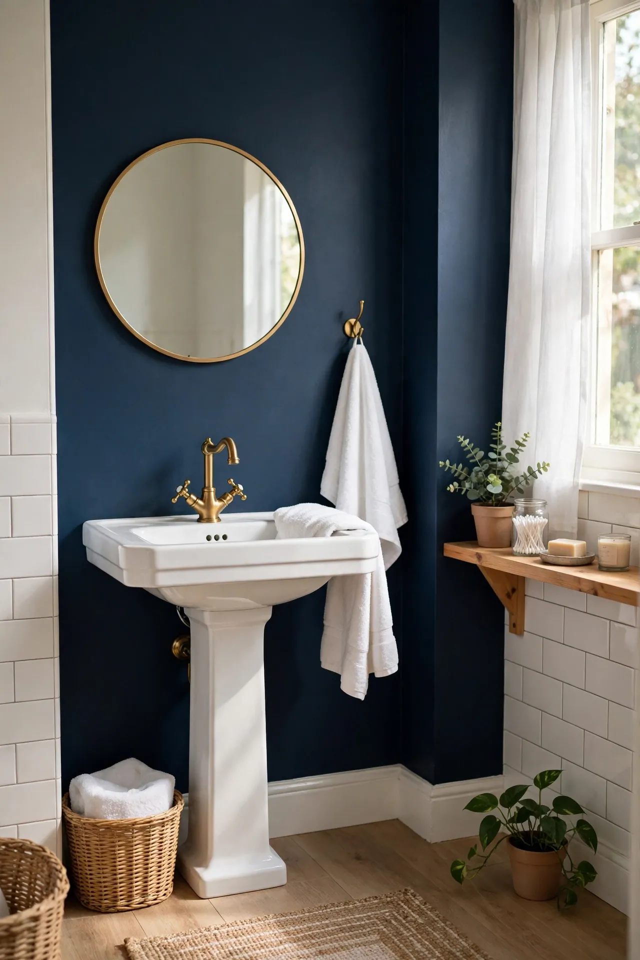 Bathroom with a deep navy accent wall behind a white sink and round mirror
