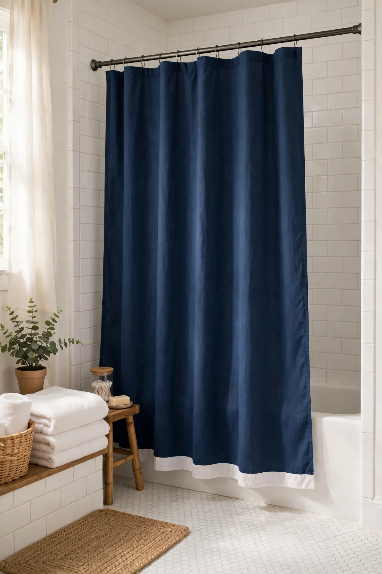 Navy shower curtain with white trim in a bright white bathroom