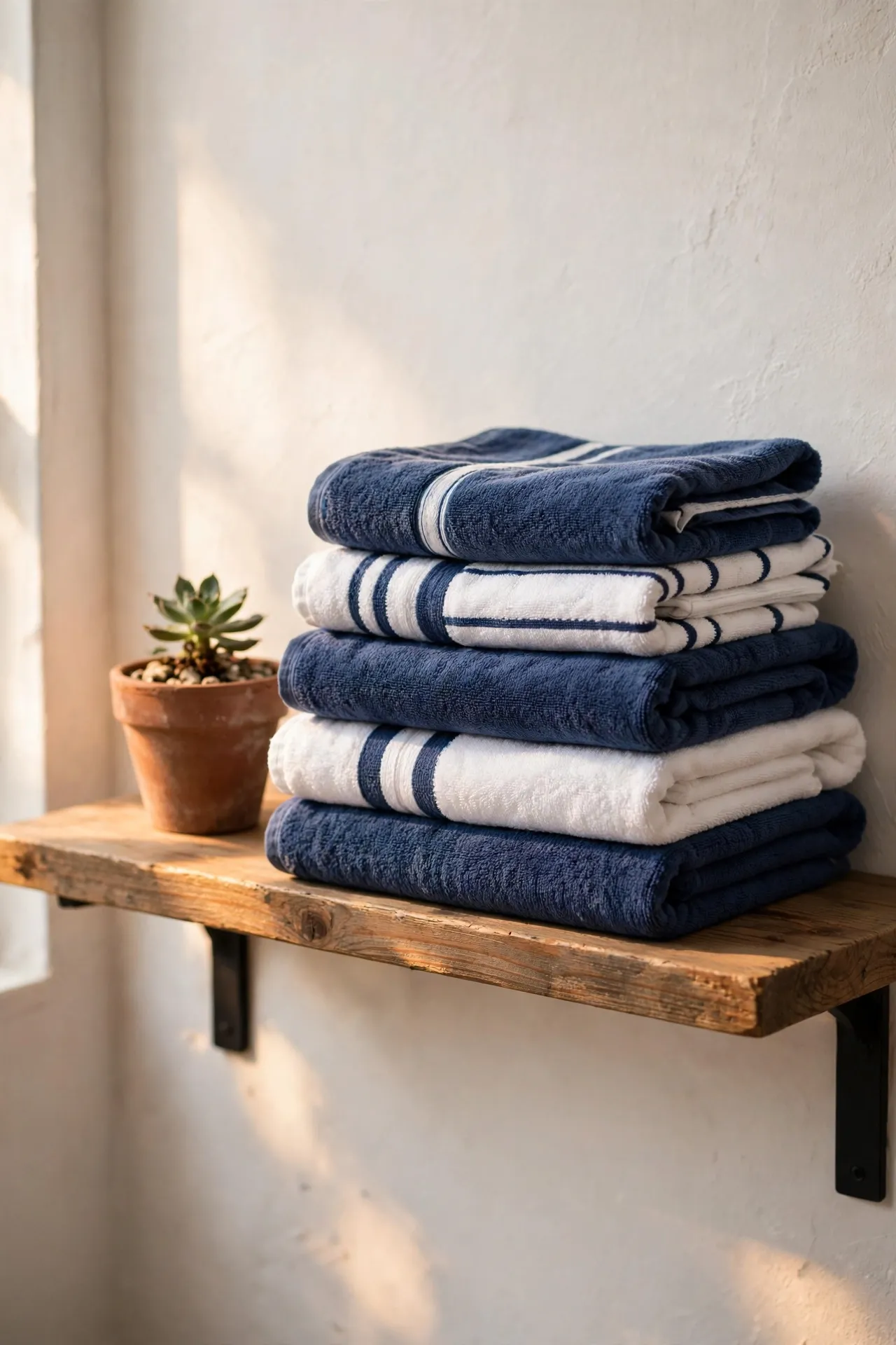 Stack of folded navy and white towels on a bathroom shelf