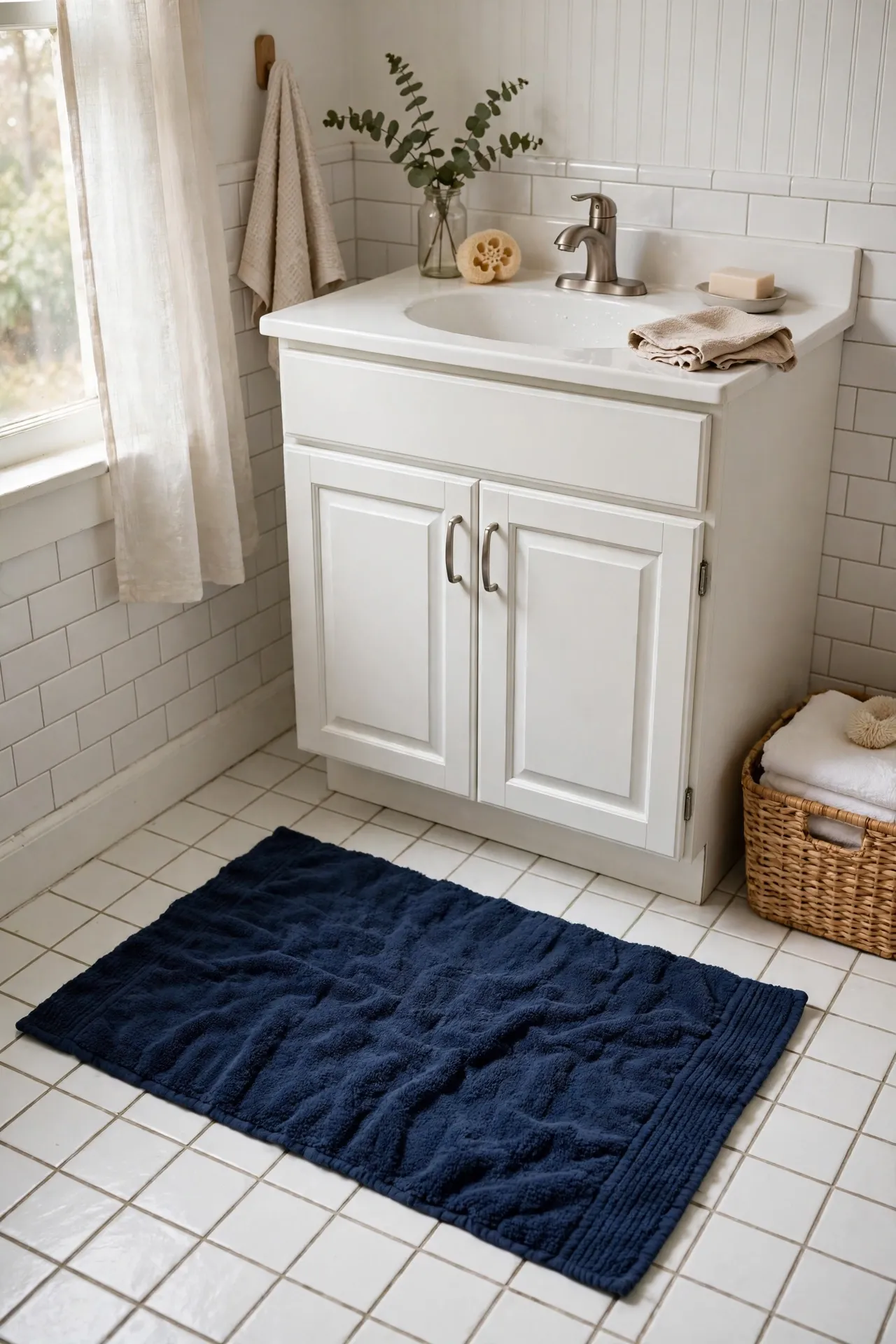 Thick navy bath mat on white bathroom floor in front of sink