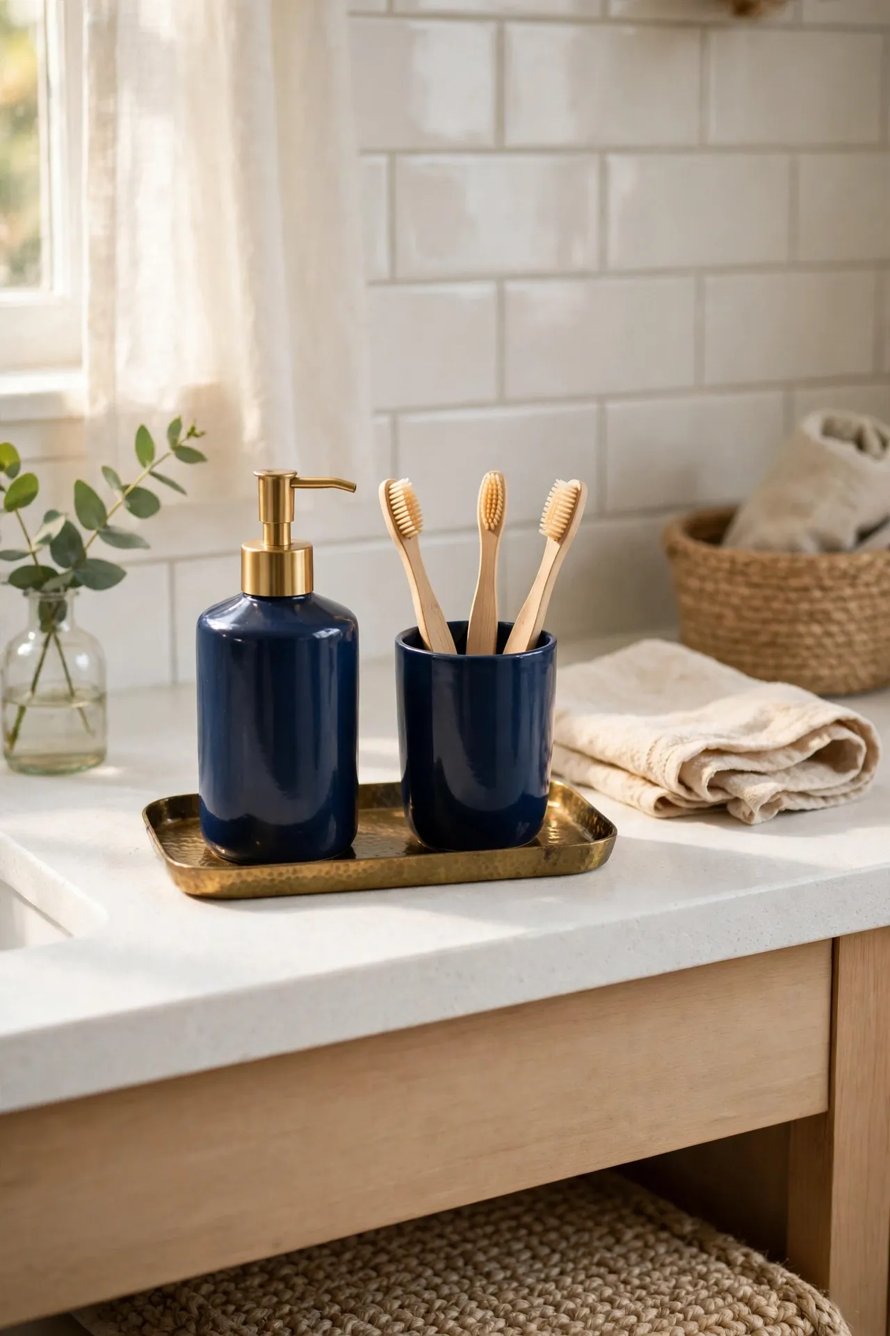 Navy soap dispenser and toothbrush cup on a small brass tray