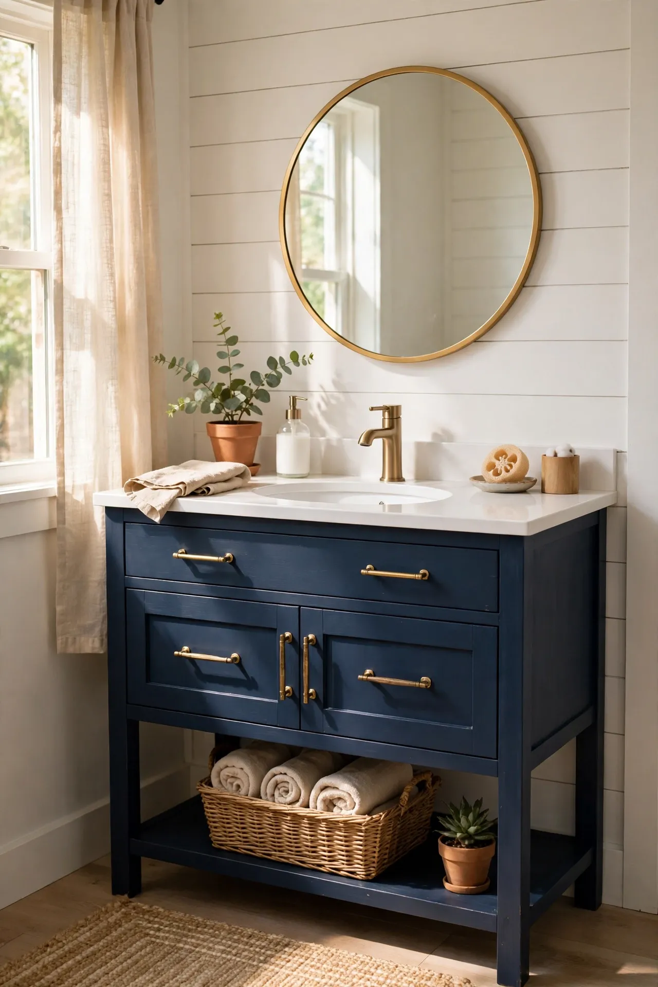Navy painted bathroom vanity with white countertop and brass handles