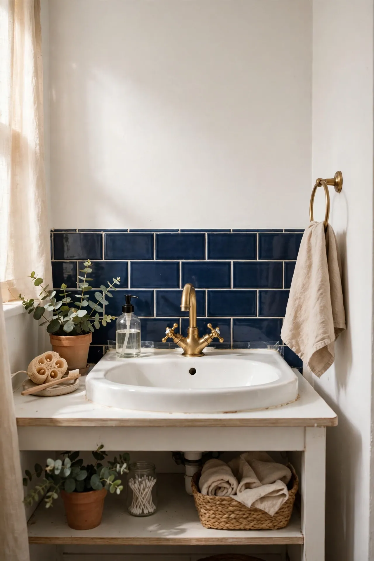Navy peel-and-stick subway tiles behind a bathroom sink
