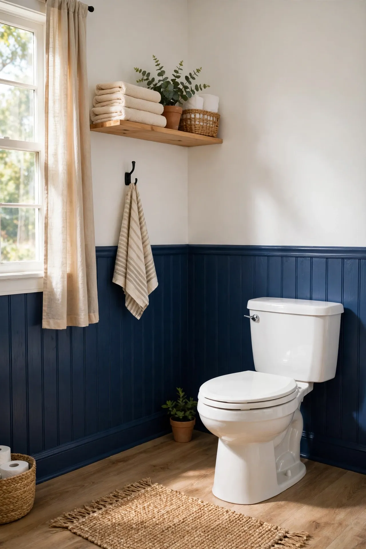 Navy beadboard wainscoting on lower bathroom wall with white upper wall