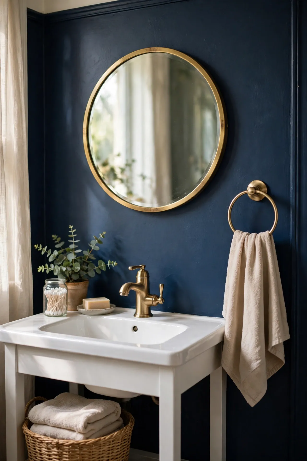 Navy bathroom wall with brushed brass towel ring and faucet